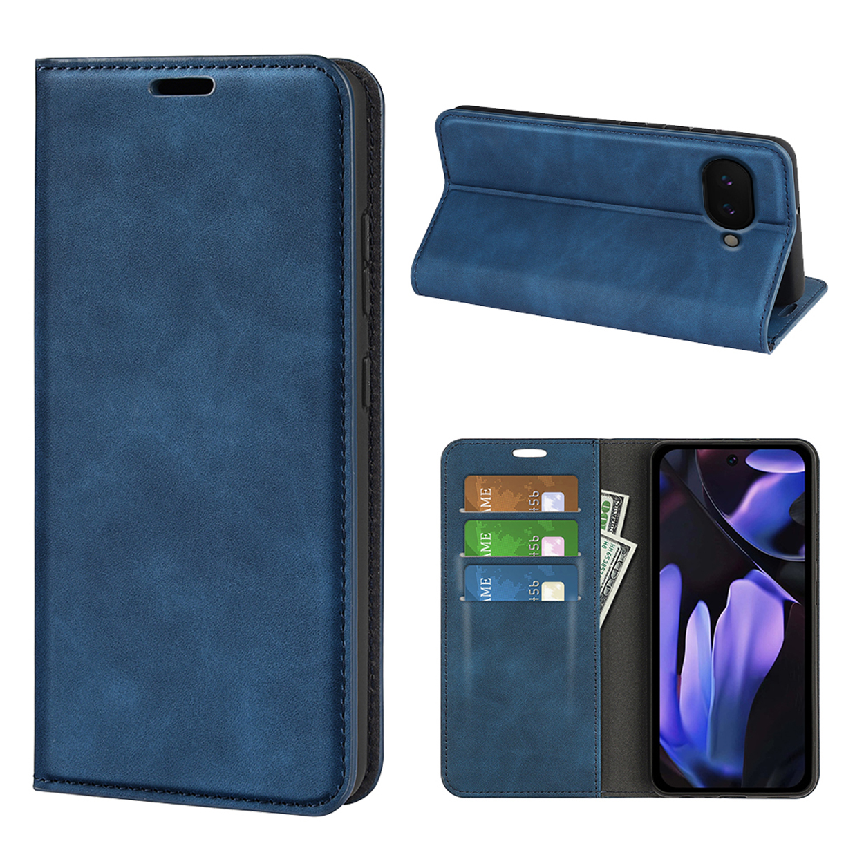 Blauwe telefoonhoes met kaarten, contant geld en een telefoon. Geopend, toont scherm.