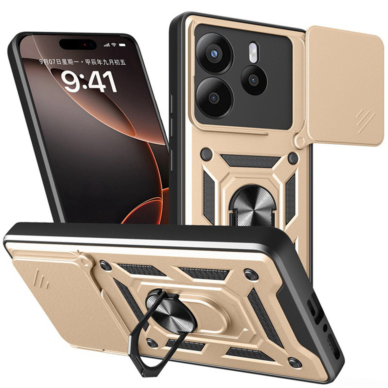 Gouden telefoonhoes met een telefoon erin. De hoes heeft een schuifbare cameralens en een ringhouder.