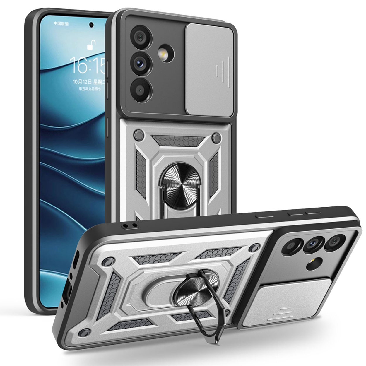 Een telefoonhoesje met een telefoon erin. De achterkant heeft een camerabescherming. De hoes heeft een ringstandaard.