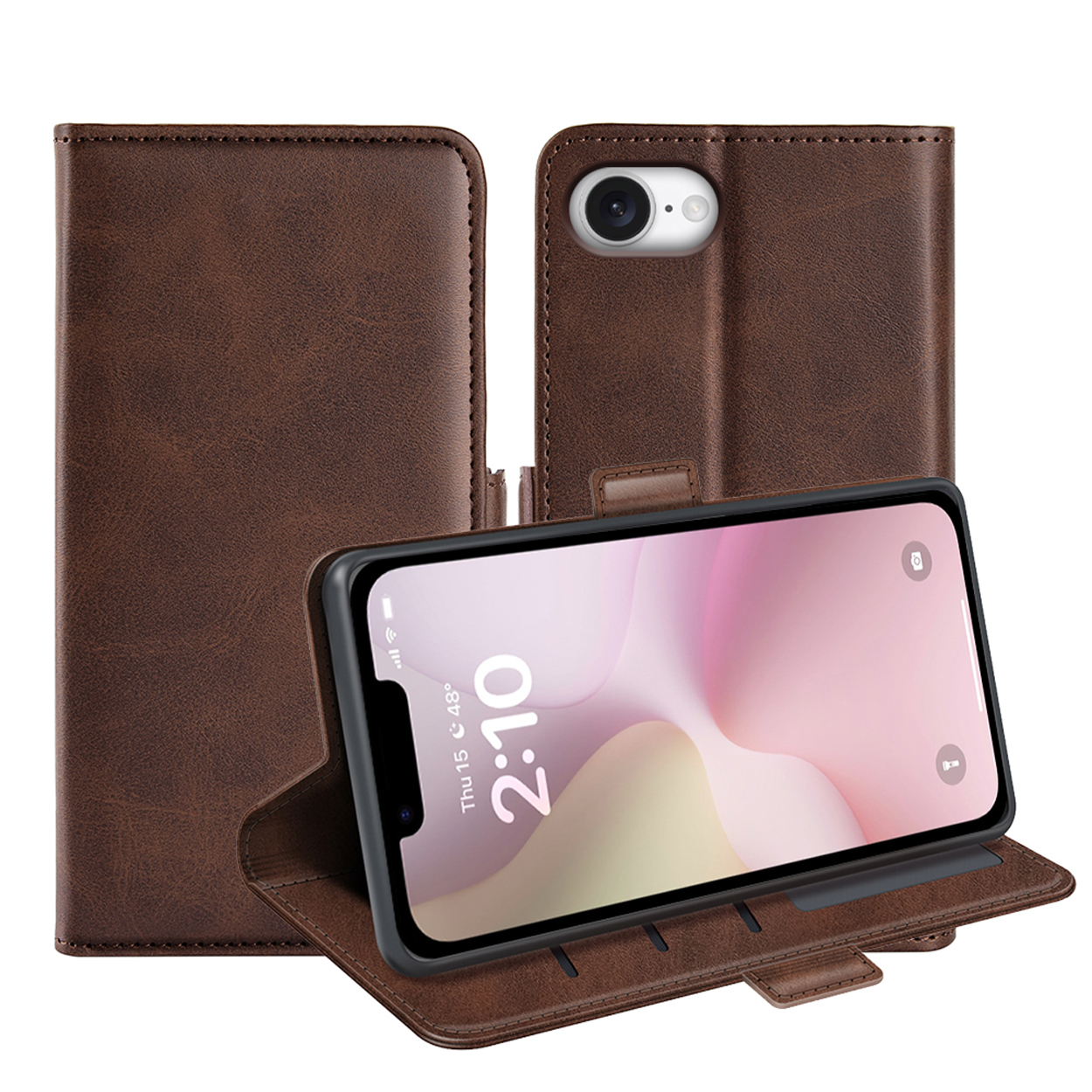 Étui de téléphone en cuir marron avec un téléphone à l'intérieur. Le téléphone affiche l'heure 2:10.