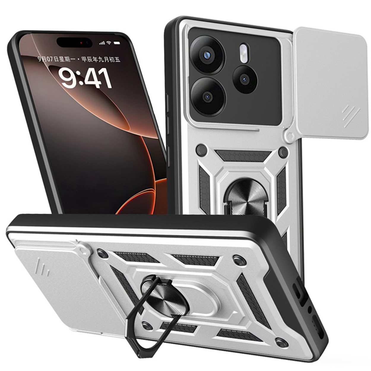 Drie telefoons, één in een hoesje, één eruit en één leunend. De hoesjes zijn zilver en zwart.