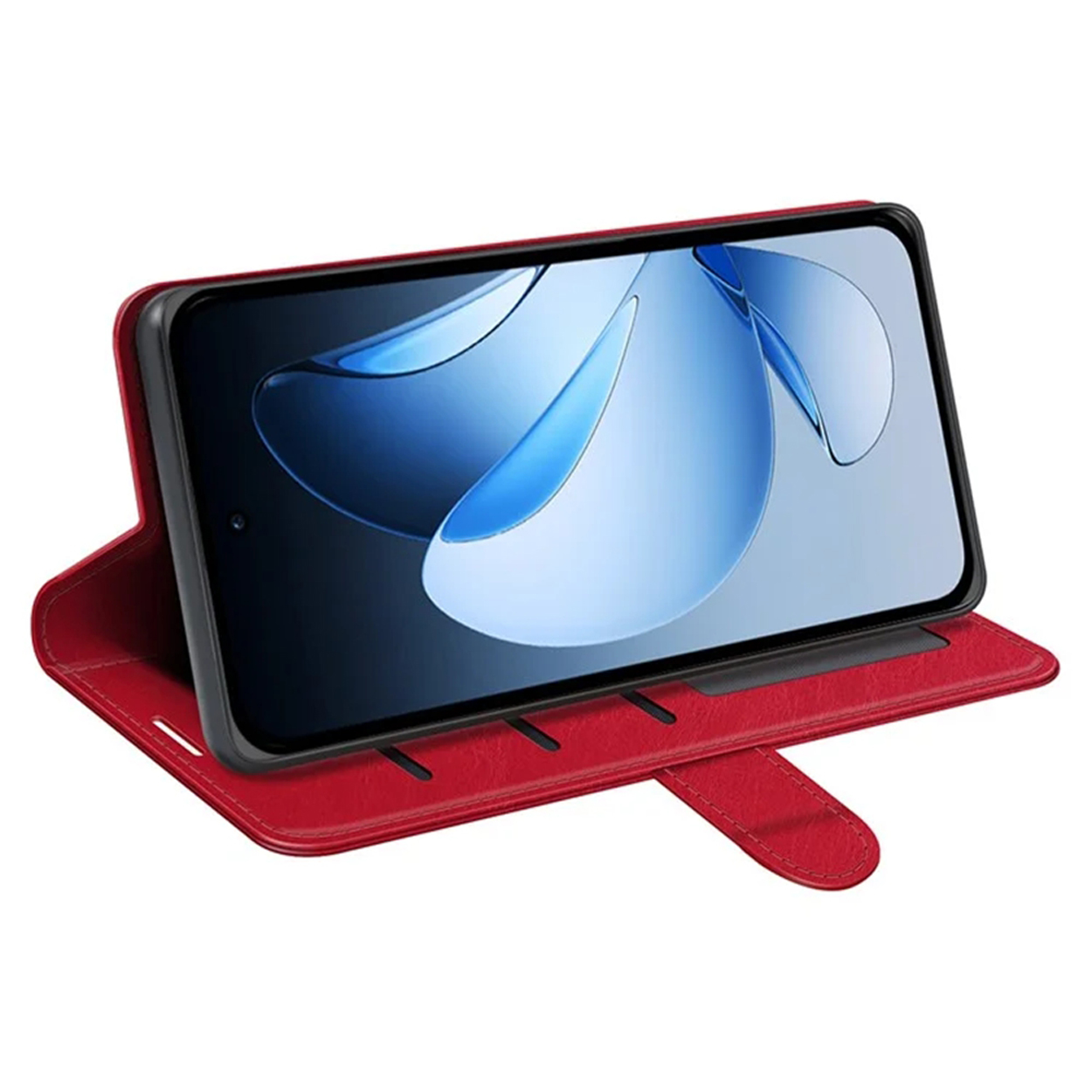 Étui de téléphone en cuir rouge avec un téléphone à l'intérieur. Le téléphone a une interface bleue.