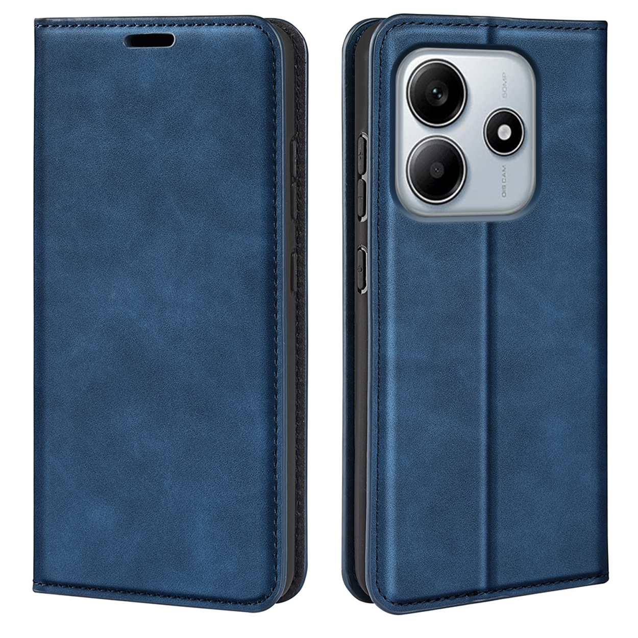 Étui de téléphone bleu ouvert et fermé, montrant le téléphone. L'étui est en cuir avec intérieur noir.