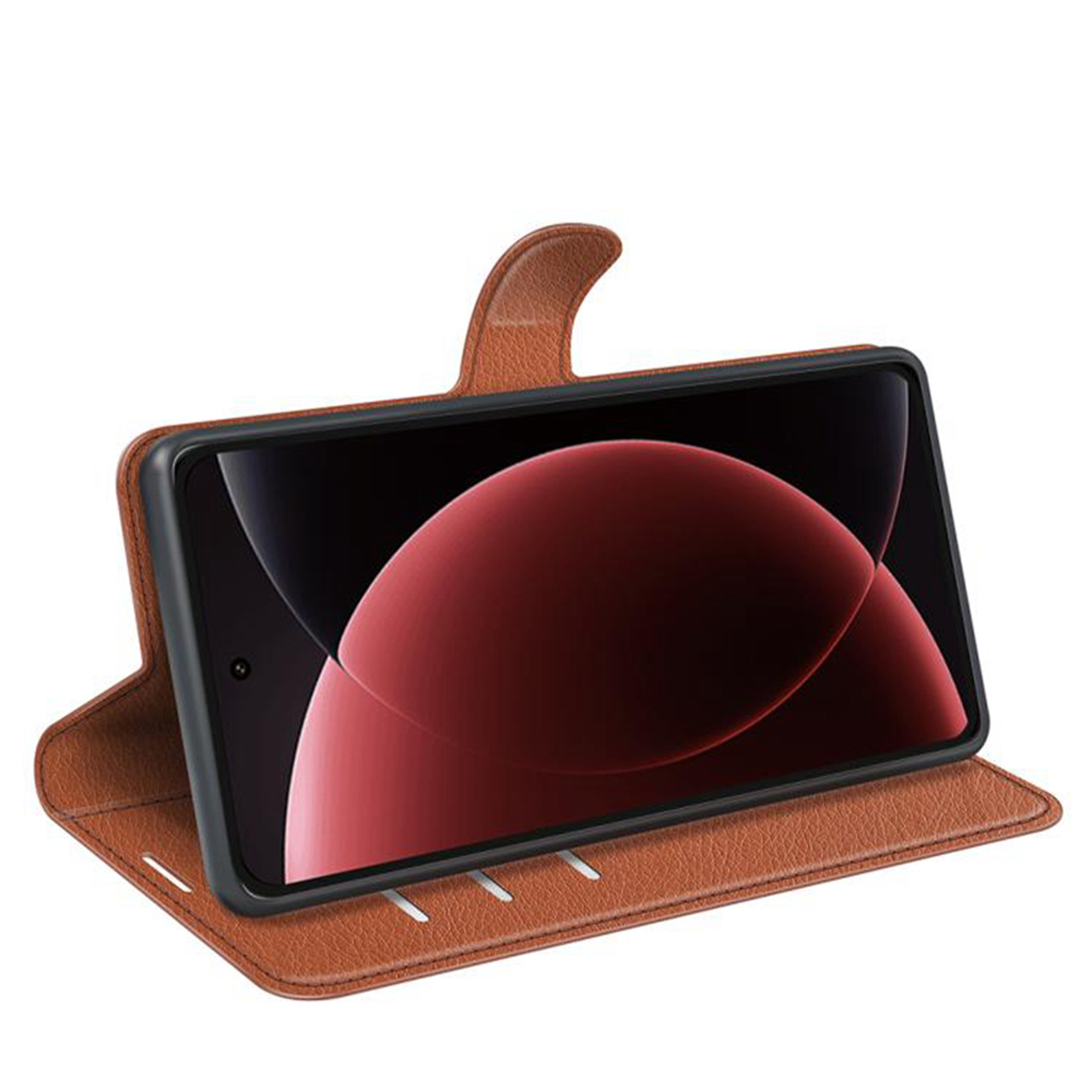 Bruin leren telefoonhoes met telefoon erin. Telefoonscherm toont rood en zwart design.