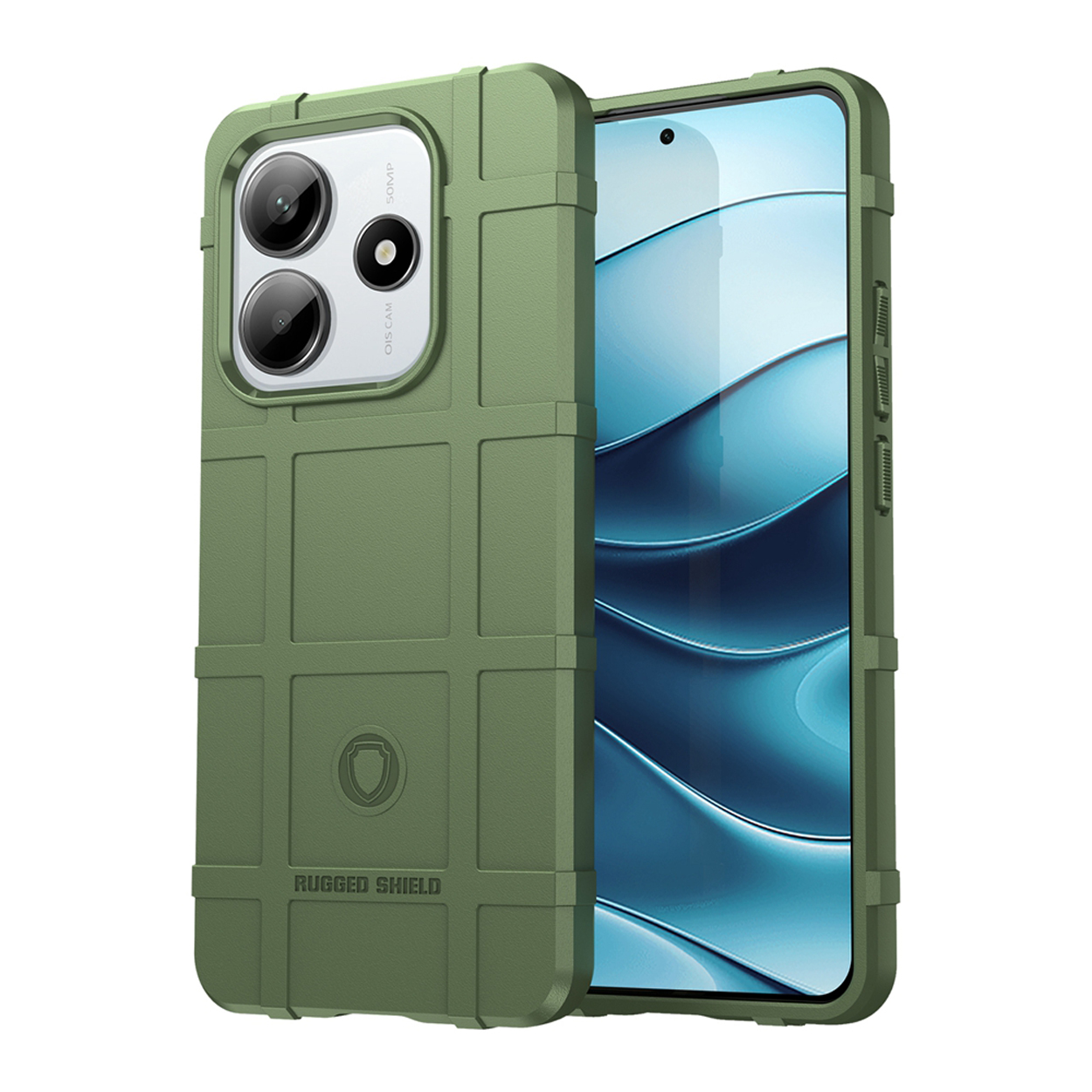 Coque de téléphone verte avec un design texturé. La coque est ouverte et montre le téléphone.