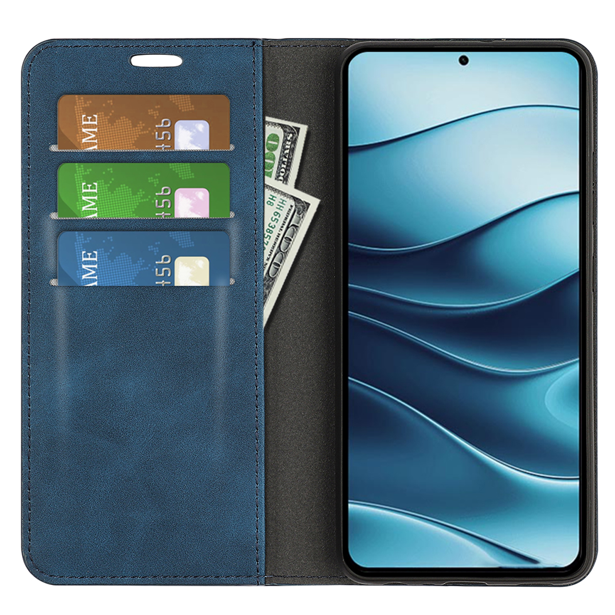 Étui de téléphone en cuir bleu avec téléphone, cartes et argent. Le téléphone affiche une interface bleue.