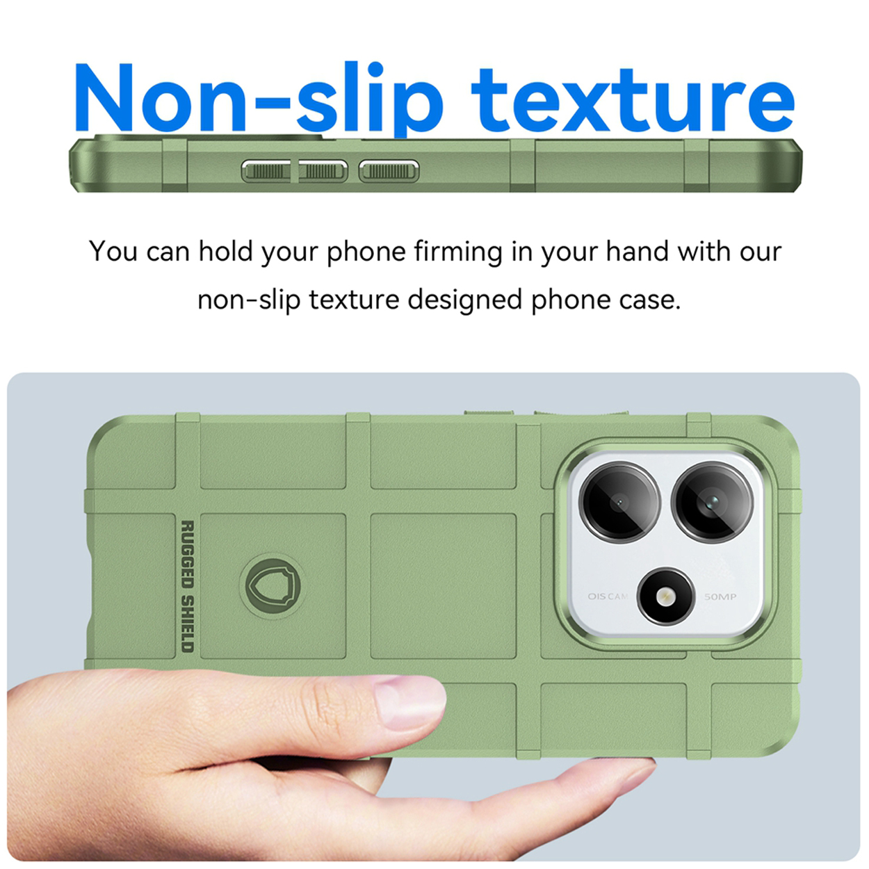 Coque de téléphone verte avec texture antidérapante tenue par une main. Texte : 'Texture antidérapante'.