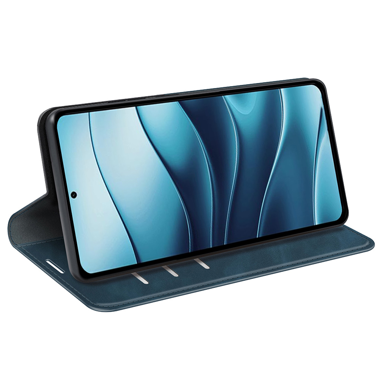 Étui de téléphone bleu avec téléphone à l'intérieur, ouvert. Le téléphone affiche un design abstrait bleu.