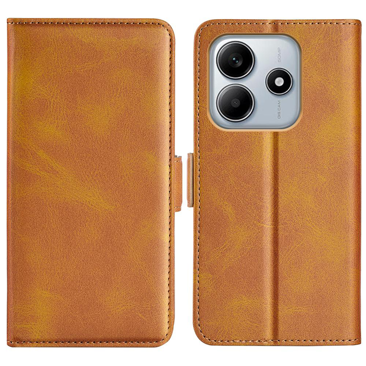 Étui de téléphone en cuir marron ouvert et fermé. Montrant le téléphone et l'intérieur de l'étui.