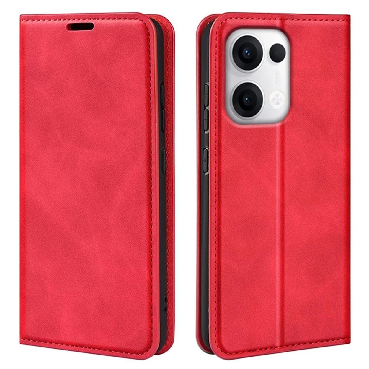 Étui de téléphone rouge ouvert et fermé, montrant le téléphone. L'étui est en cuir avec intérieur noir.