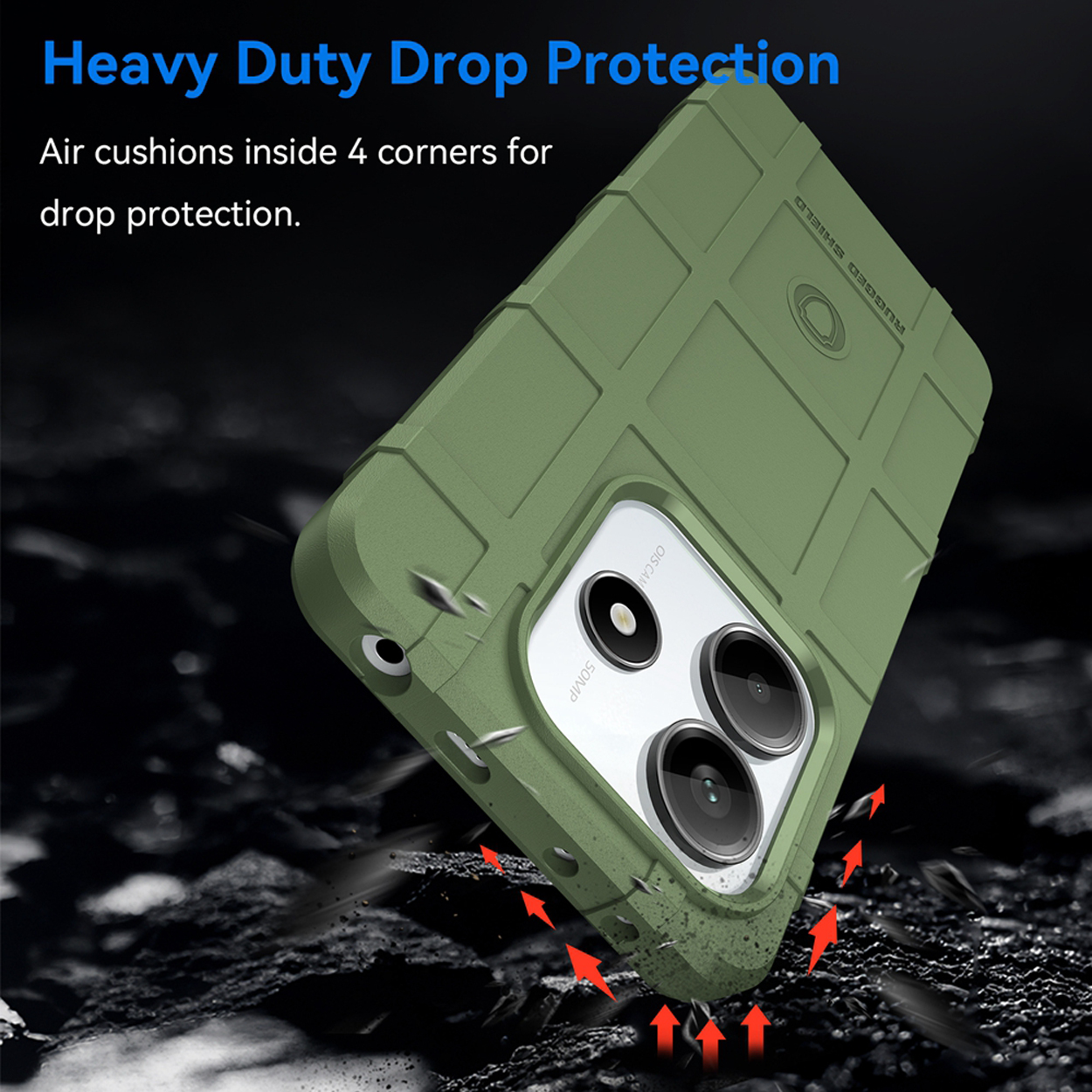Coque de téléphone verte inclinée, en chute. Flèches indiquent la protection contre les chutes. Fond noir.