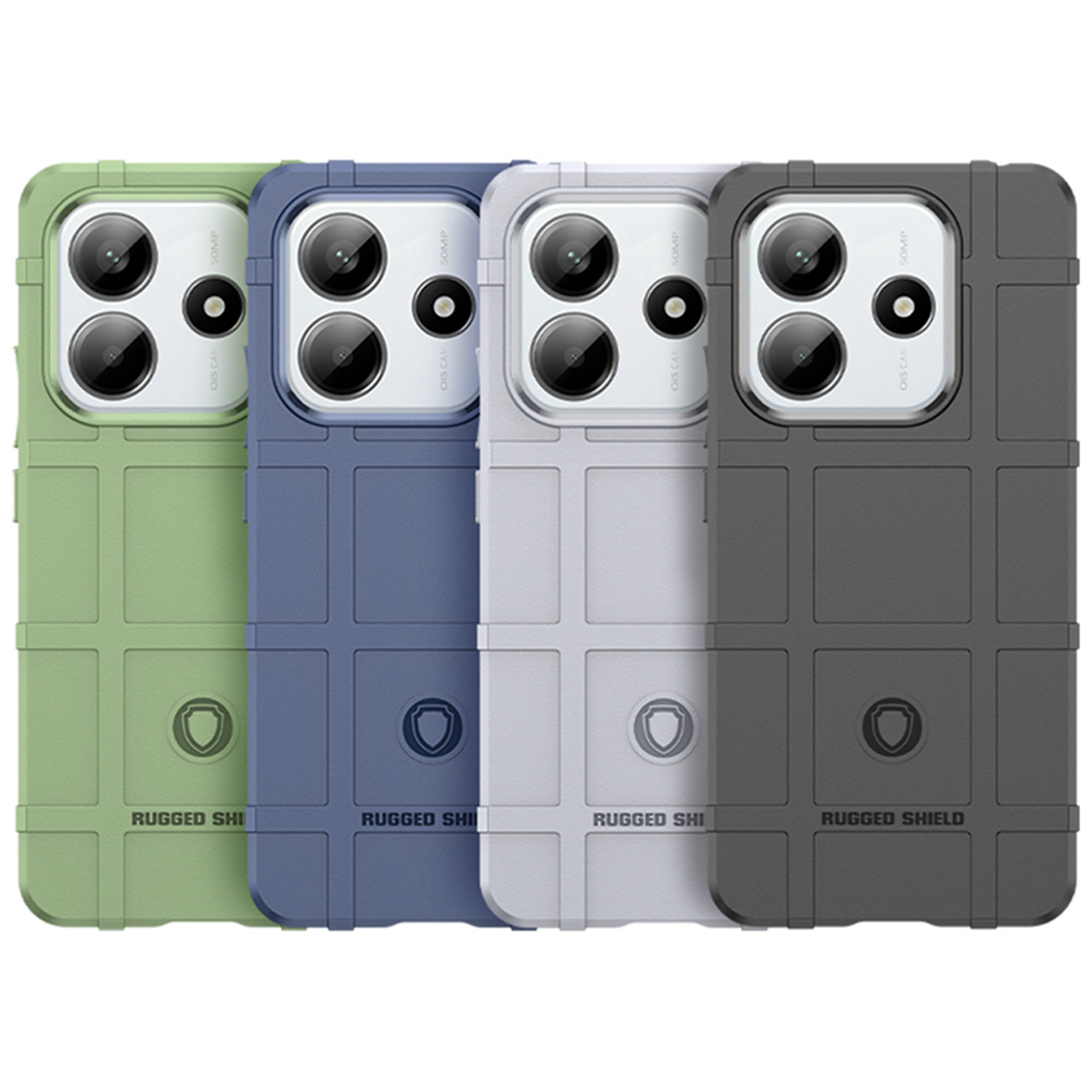 Quatre coques de téléphone en vert, bleu, blanc et noir. Chaque coque a un design robuste.