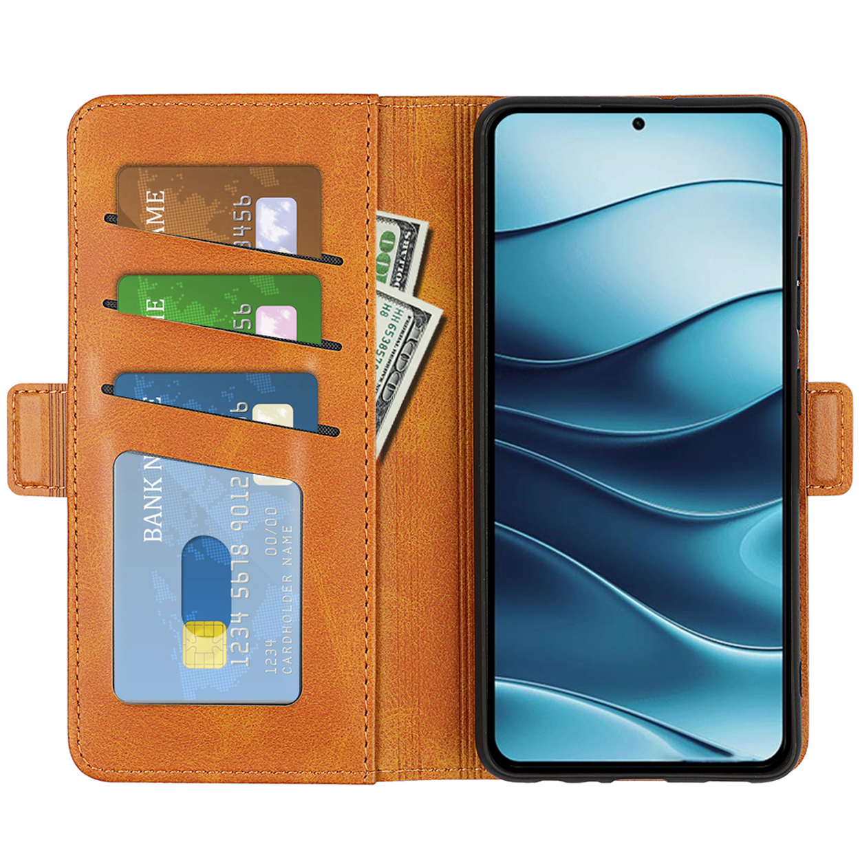 Étui de téléphone marron avec cartes et argent. Le téléphone est dans l'étui. Fond blanc.
