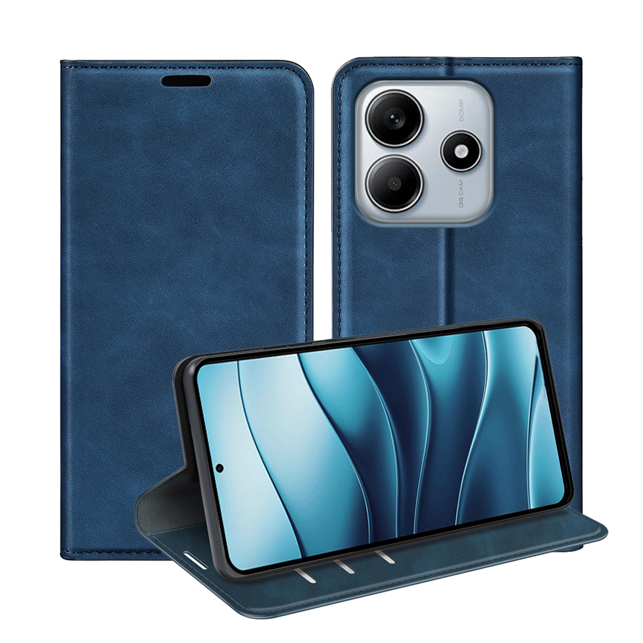 Étui de téléphone bleu, ouvert. Téléphone dans l'étui. Affichant un design abstrait bleu. Fond blanc.
