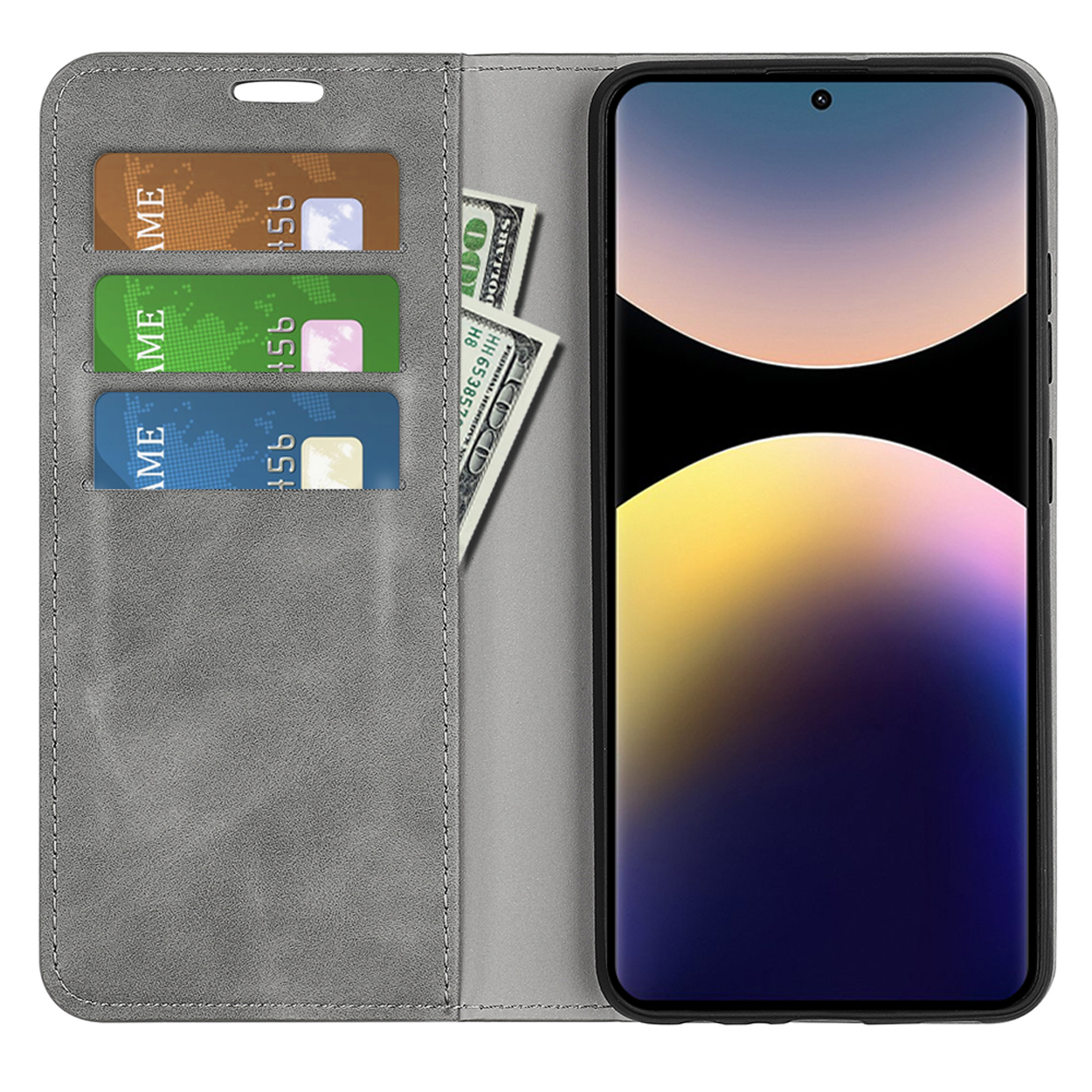 Étui de téléphone gris, ouvert avec cartes et argent. Téléphone dans l'étui. Fond blanc.
