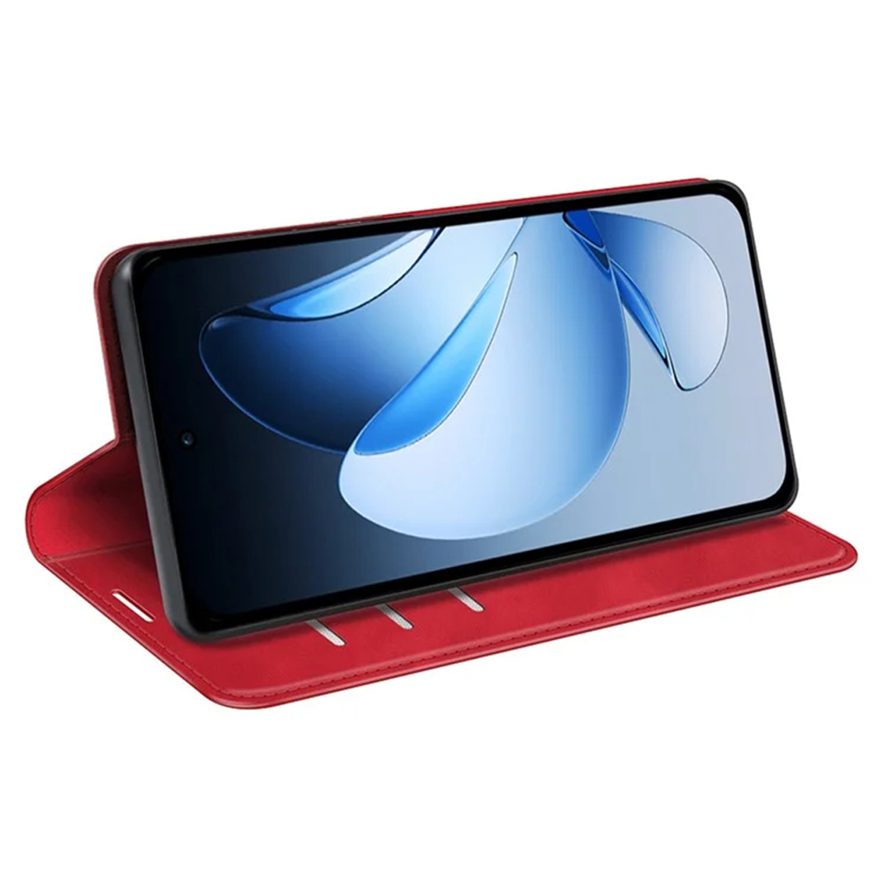 Coque de téléphone rouge avec un téléphone dedans. Le téléphone affiche un design bleu abstrait.