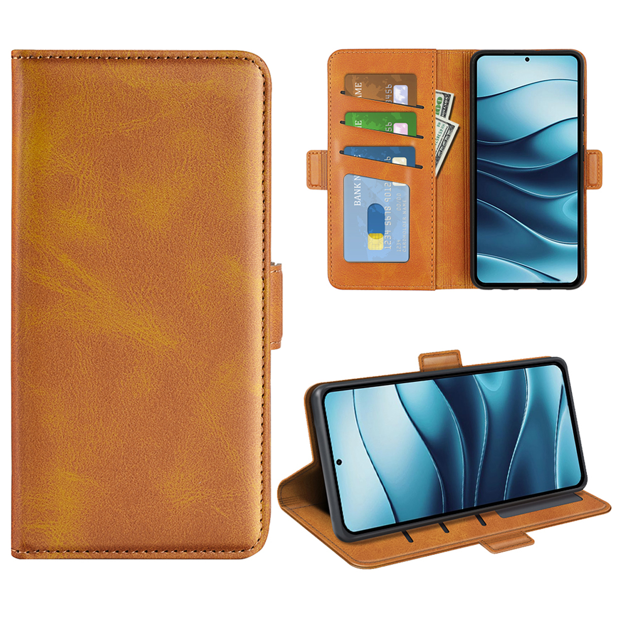 Étui de téléphone marron avec cartes et argent. Le téléphone est dans l'étui. Fond blanc.