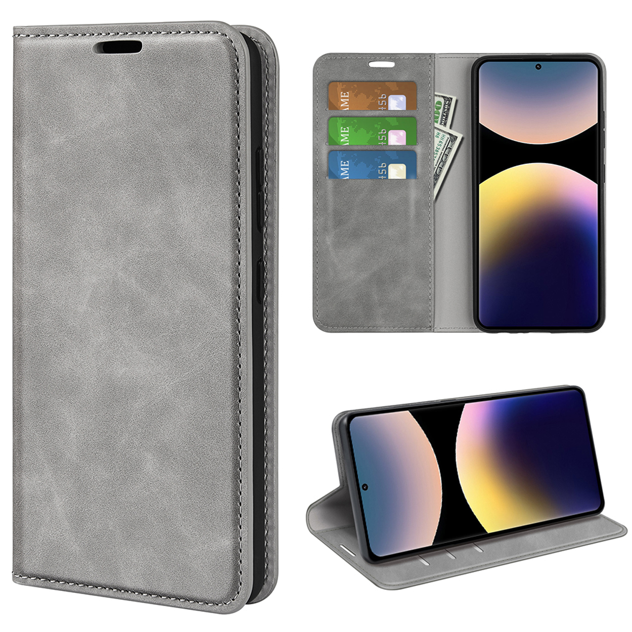 Étui de téléphone gris avec des emplacements pour cartes et un téléphone. Trois vues sont présentées avec un téléphone à l'intérieur.