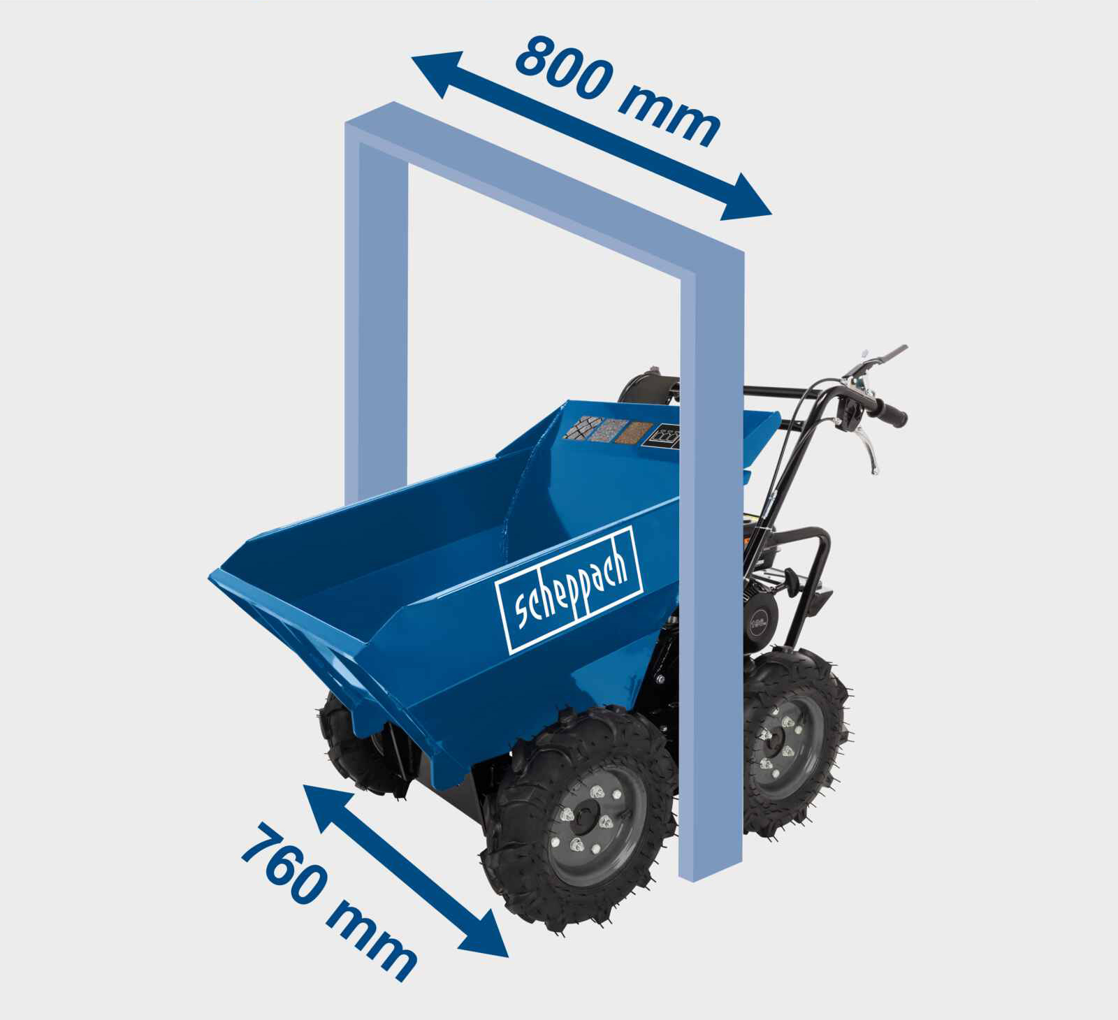 Carriola blu con dimensioni. È blu con un logo scheppach. Sfondo chiaro.
