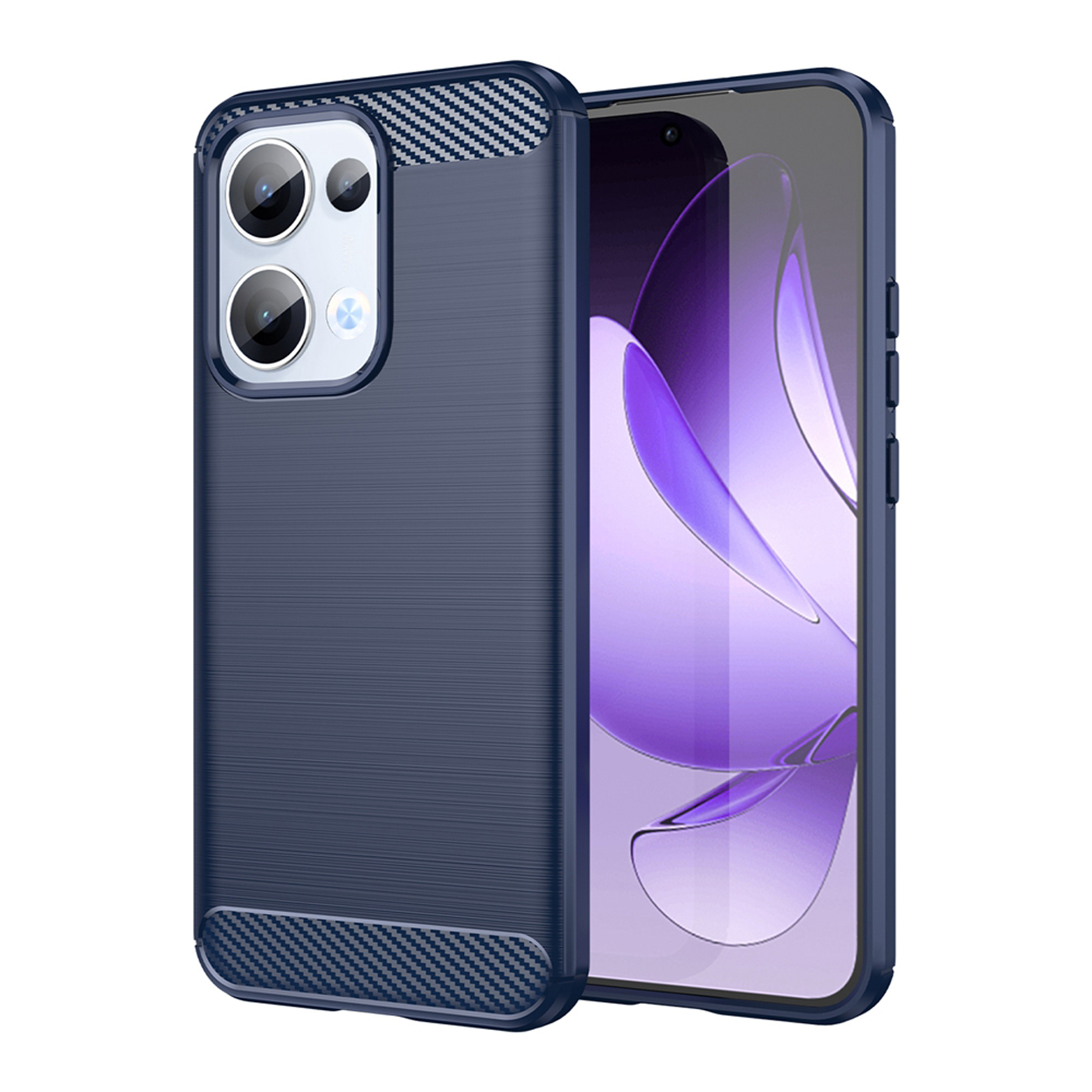 Coque de téléphone bleu foncé avec un design en fibre de carbone. La coque recouvre le téléphone et l'appareil photo.