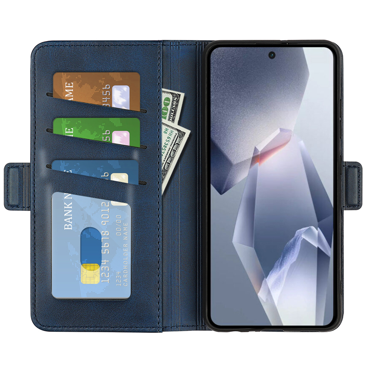 Étui de téléphone bleu avec des emplacements pour cartes et un téléphone. Le téléphone affiche un design géométrique. De l'argent liquide est visible.