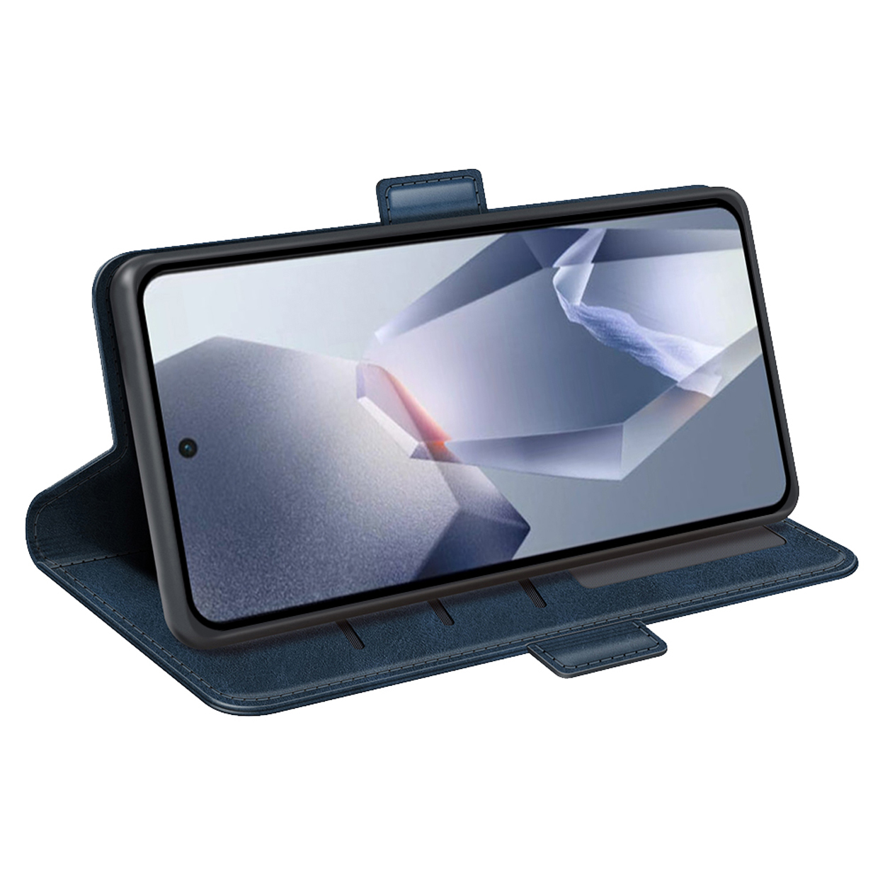 Portefeuille de téléphone bleu foncé ouvert. Téléphone avec design bleu abstrait à l'intérieur.