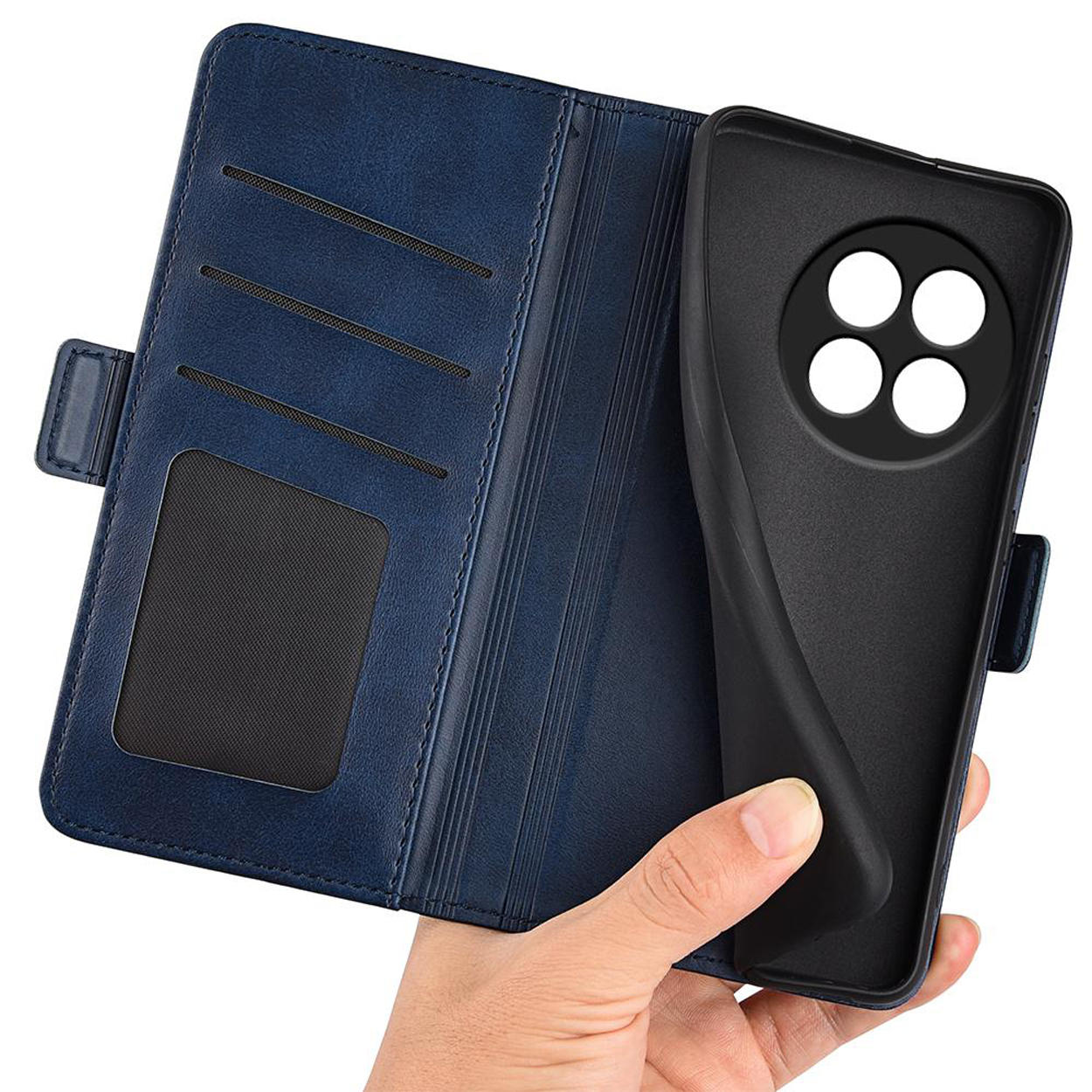 Étui de téléphone bleu ouvert avec un étui de téléphone noir à l'intérieur. L'étui de téléphone a des trous pour l'appareil photo.