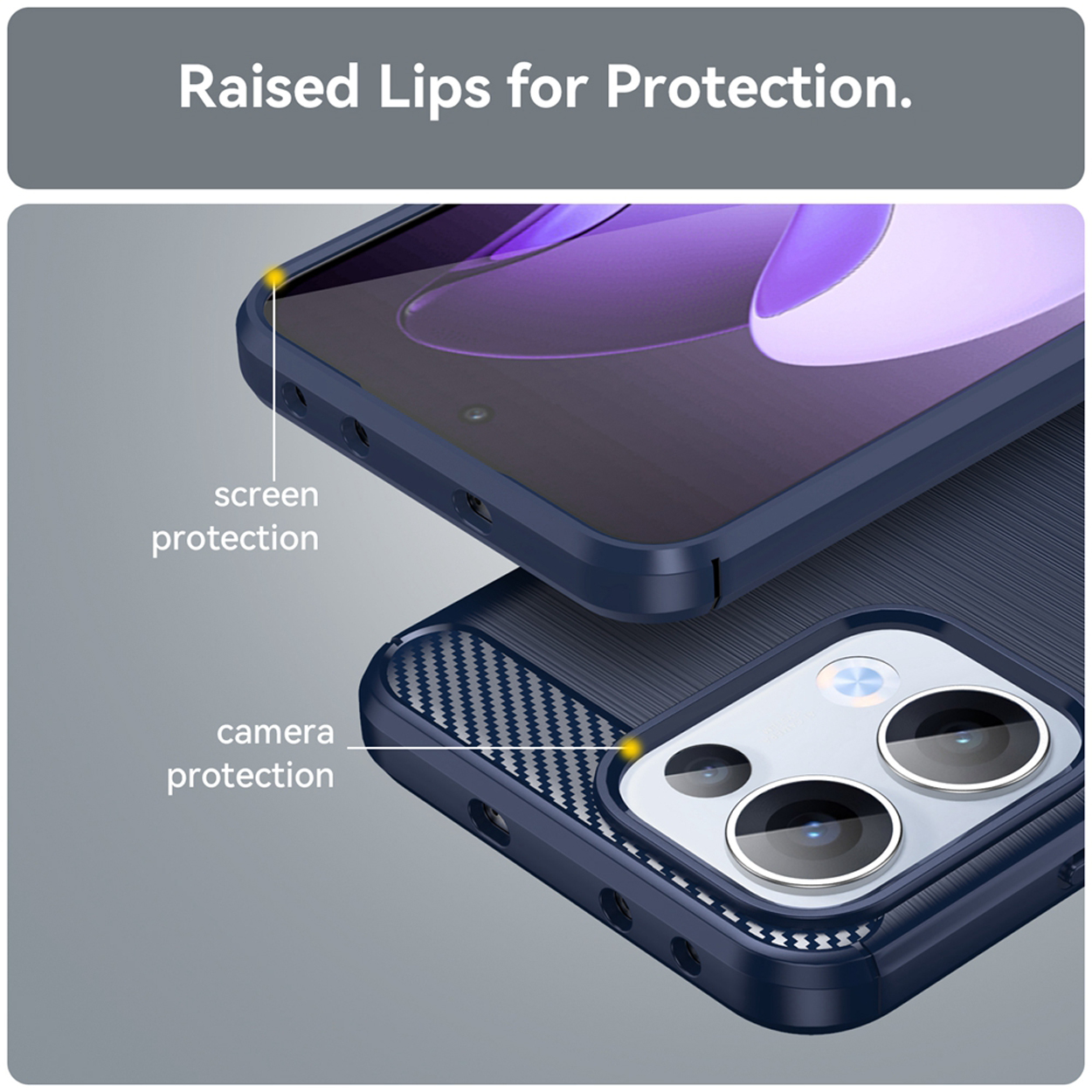 Gros plan d'une coque de téléphone, montrant la protection de la caméra et de l'écran. Il met en évidence les bords surélevés.