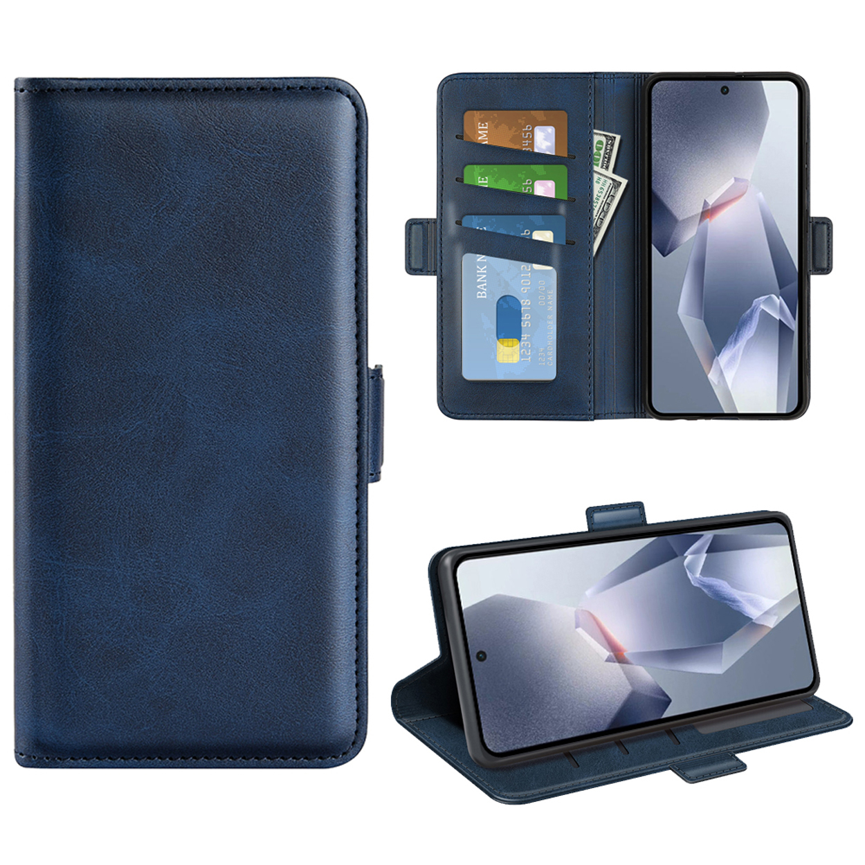 Étui de téléphone bleu avec des emplacements pour cartes et un téléphone. Le téléphone affiche un design géométrique. De l'argent liquide est visible.