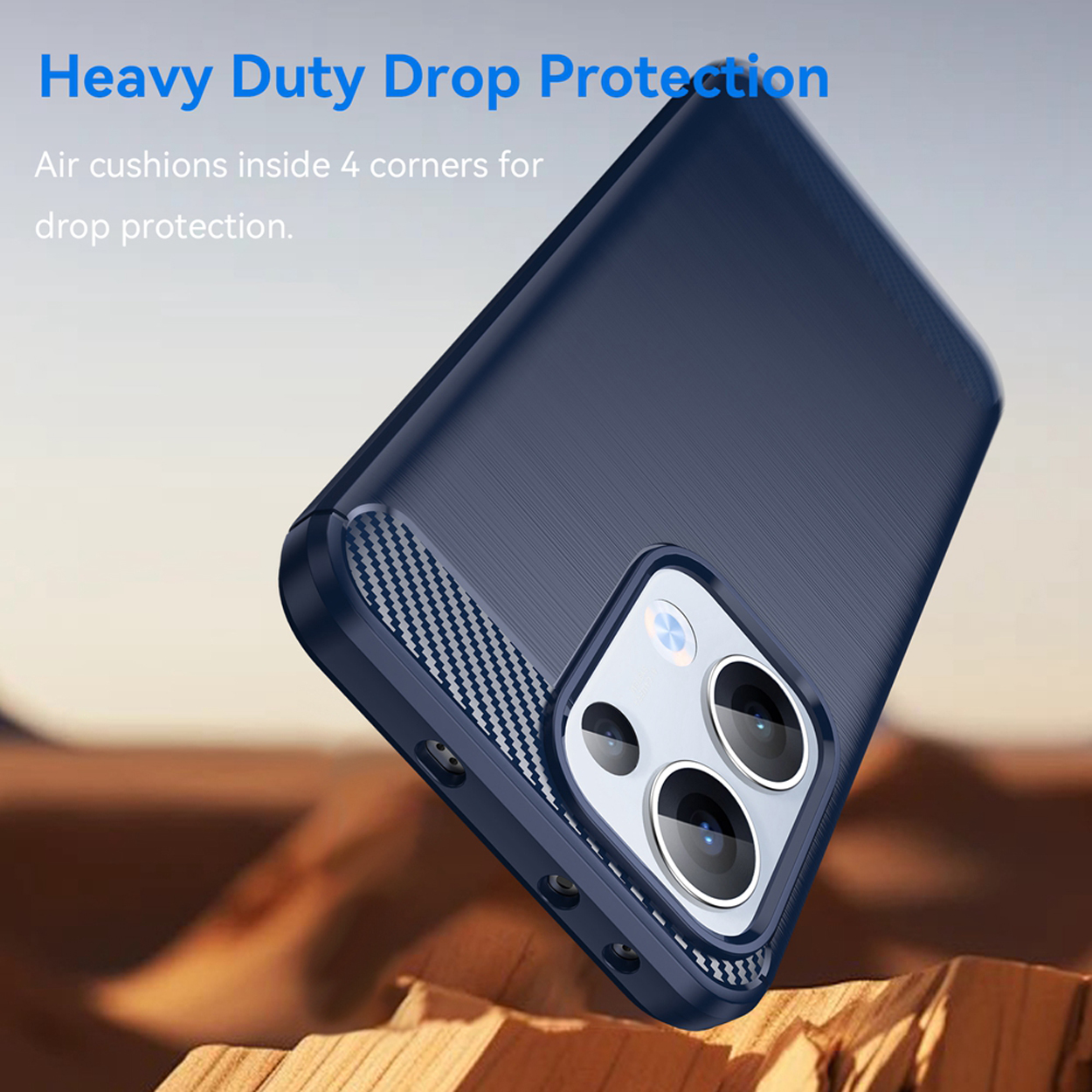 Coque de téléphone bleu foncé avec un design en fibre de carbone. Elle est inclinée, montrant la protection contre les chutes robustes.