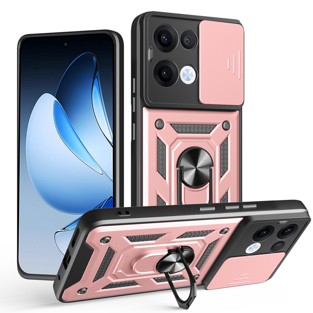 Coque de téléphone rose et noire avec un support d'anneau. Trois vues sont présentées. Le téléphone est dans l'étui.