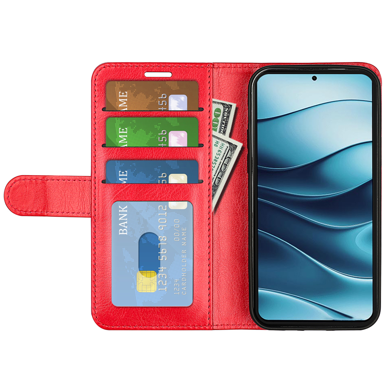 Rode telefoonhoes met telefoon en sleuven voor kaarten. Telefoon toont een geometrisch ontwerp. Er is wat contant geld zichtbaar.