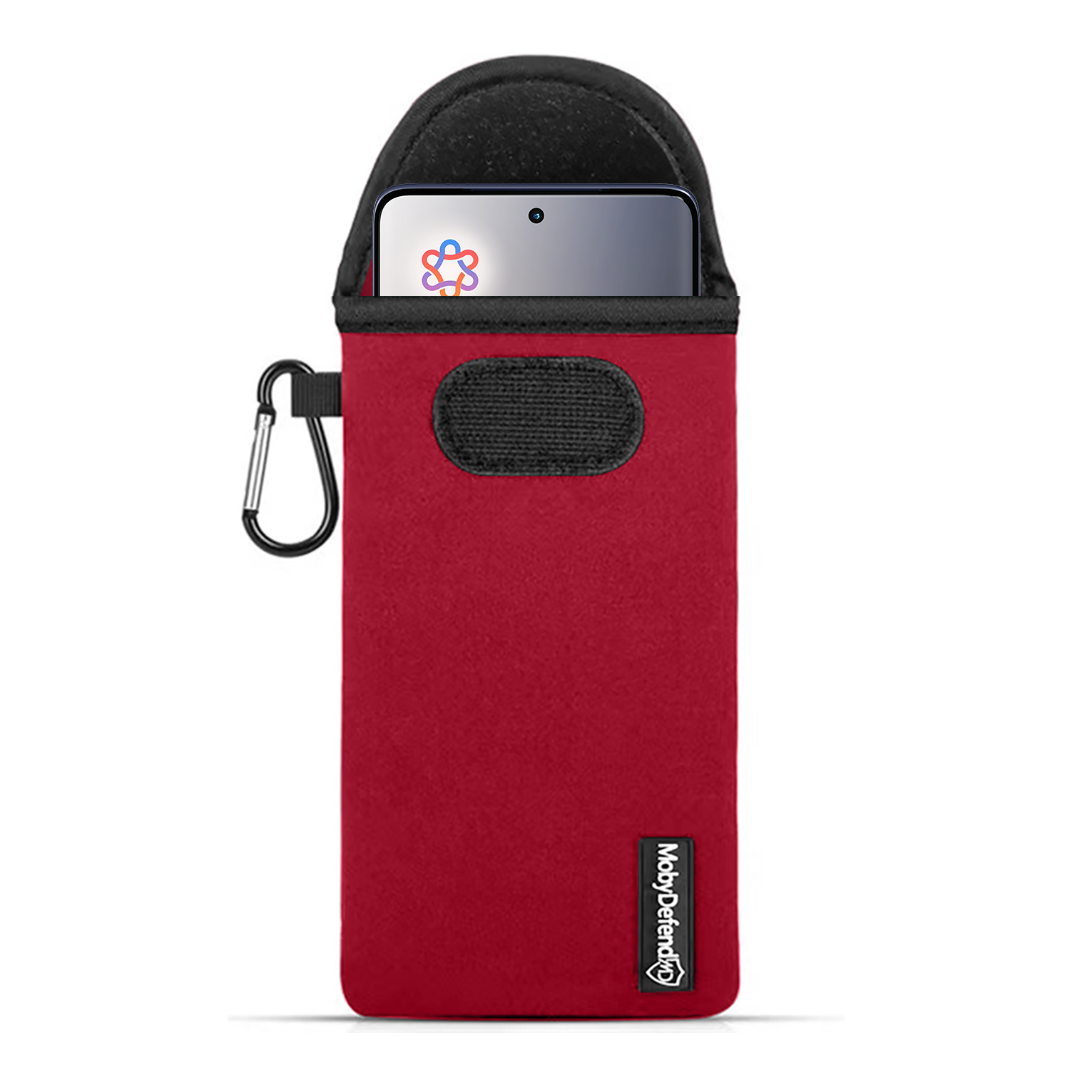 Pochette de téléphone en feutre rouge avec le haut noir, un téléphone avec un logo coloré est visible.