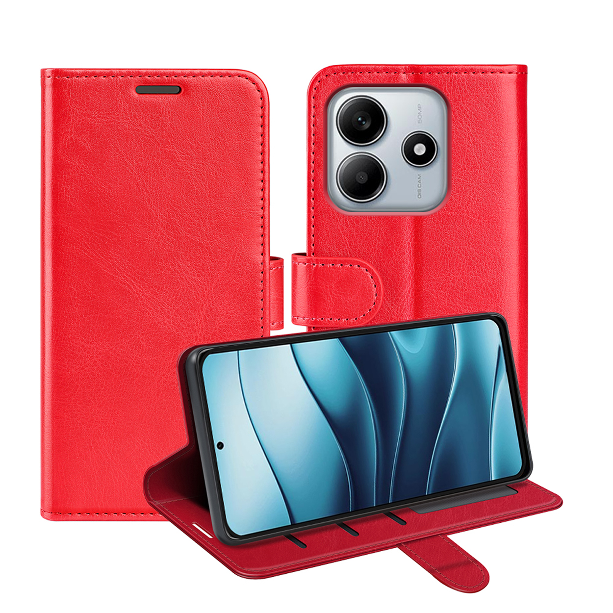 Rode telefoonhoes met een telefoon erin. De telefoon staat op het scherm.