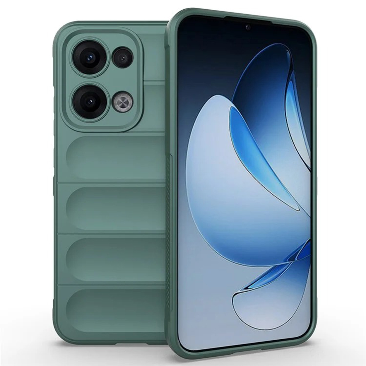 Coque de téléphone verte, en deux parties, avec objectifs de caméra à l'arrière.