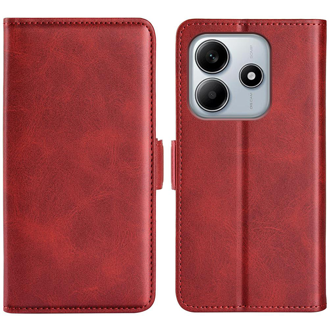 Étui de téléphone en cuir rouge, fermé, avec trou pour la caméra. Ouvert, il révèle un téléphone.