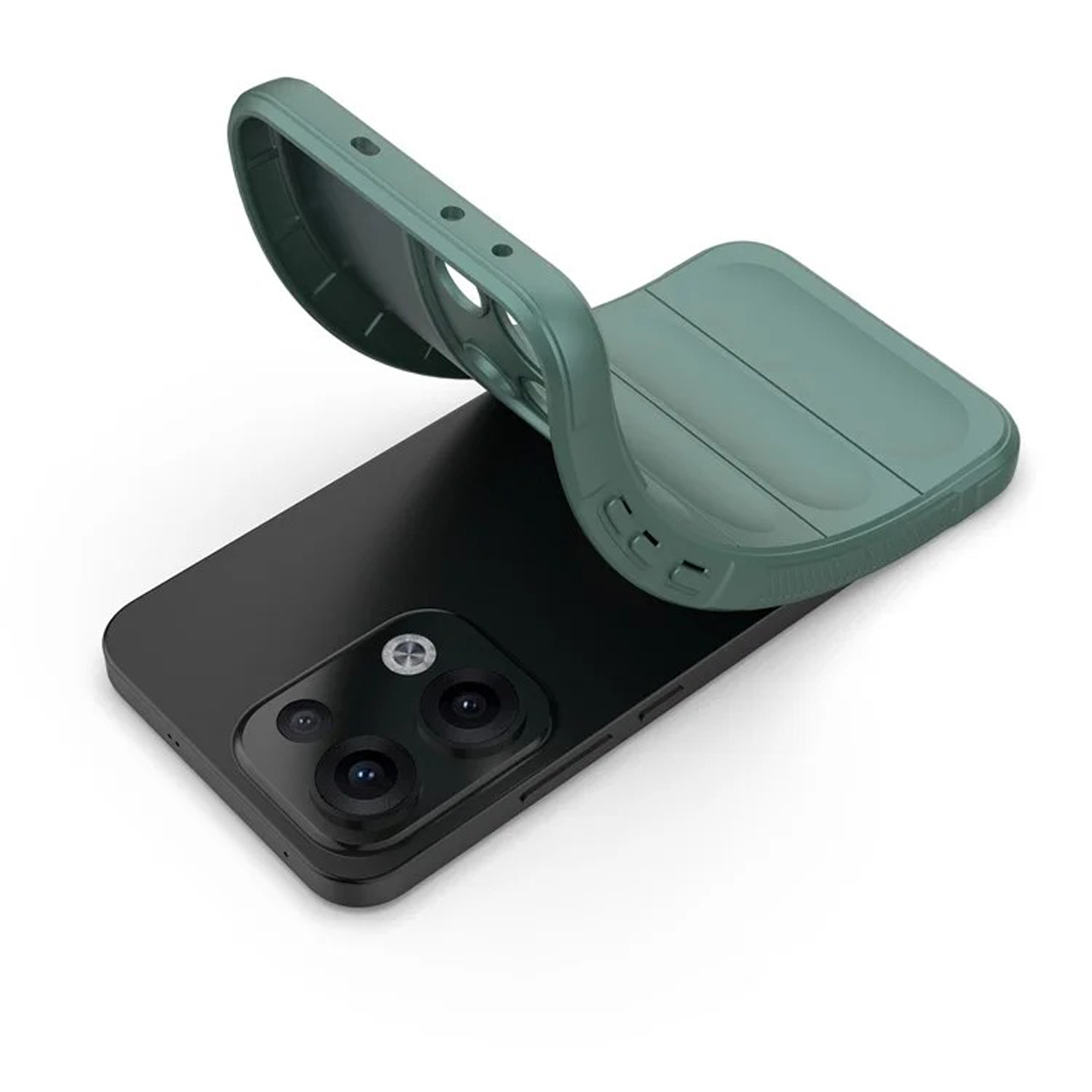 Coque de téléphone bleue et verte sur téléphone noir, avec objectifs visibles.