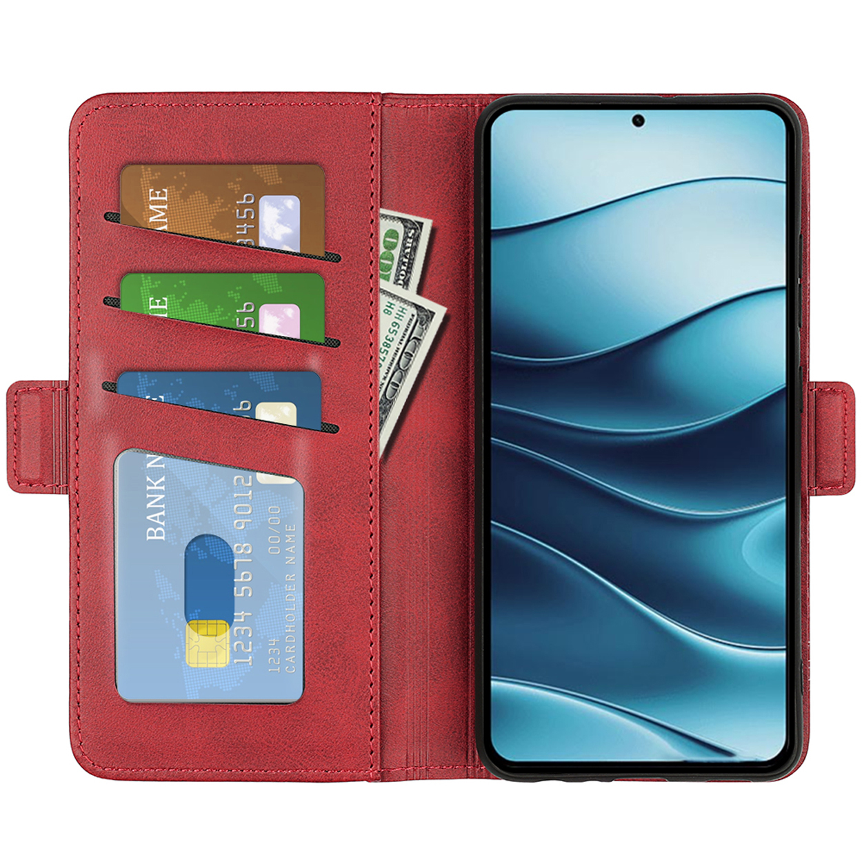 Étui portefeuille rouge avec téléphone, cartes et argent visibles.
