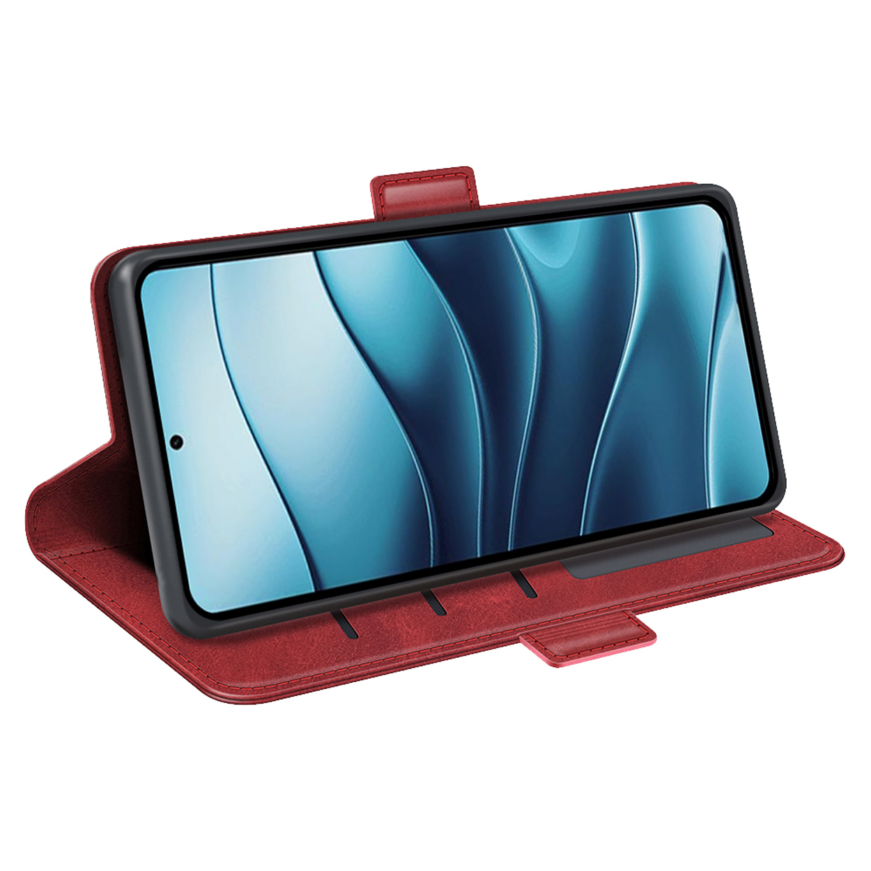 Téléphone dans un étui portefeuille rouge, ouvert, montrant l'écran.