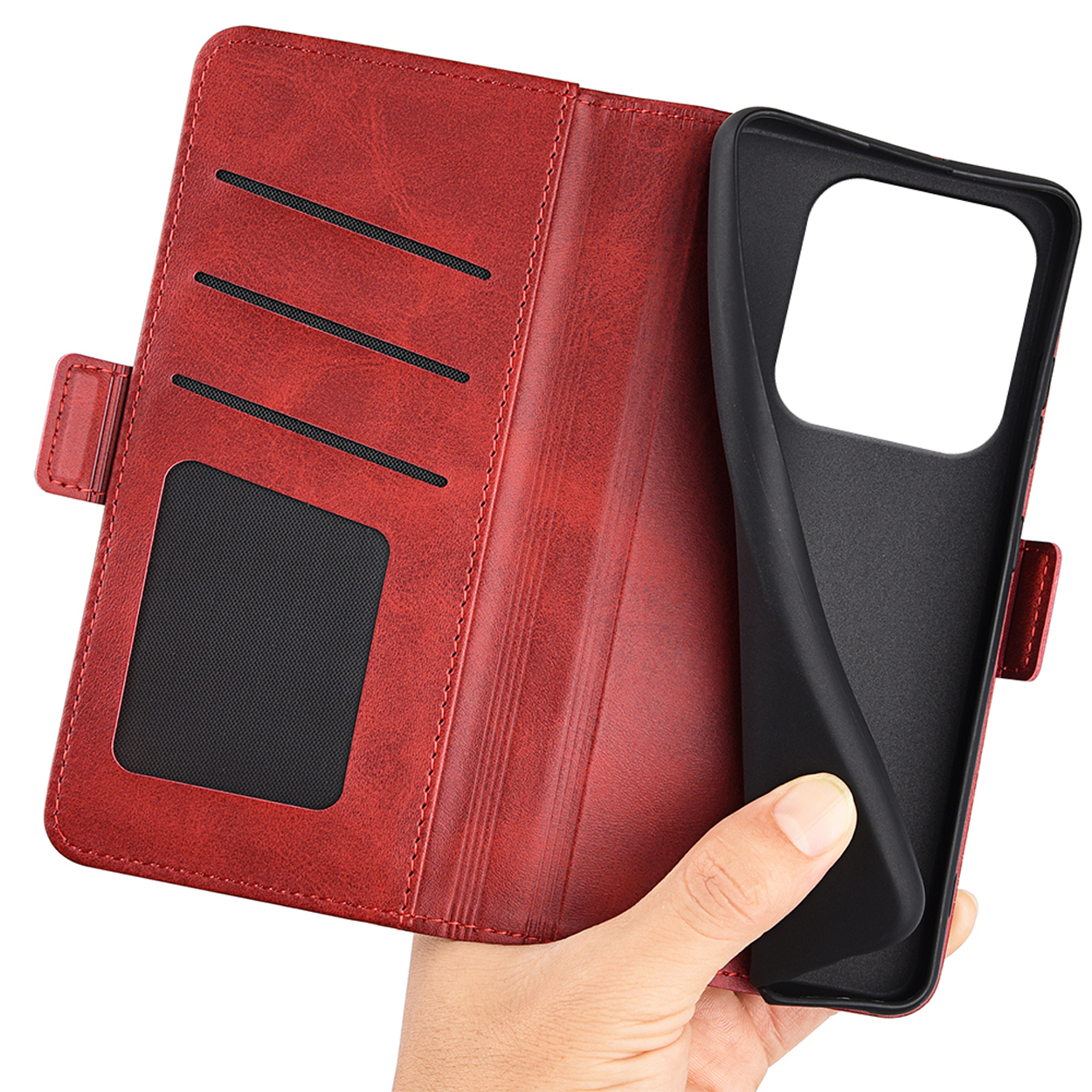 Étui portefeuille rouge, ouvert, avec coque de téléphone retirée.