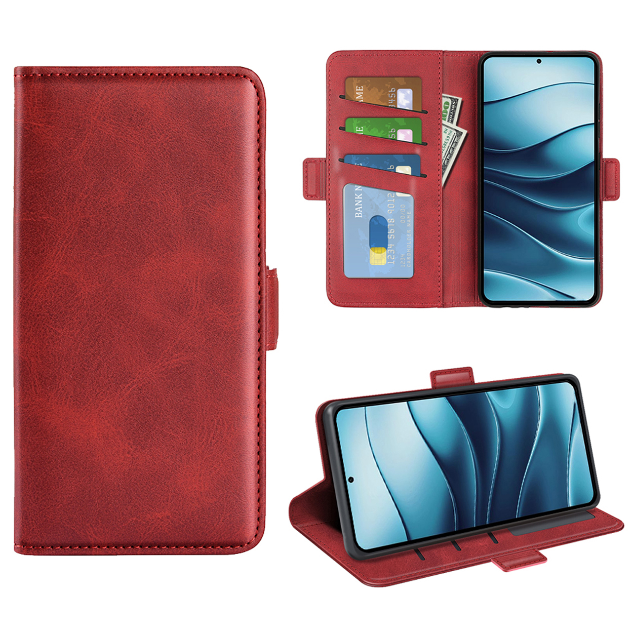 Trois vues d'un étui portefeuille rouge avec téléphone, cartes et argent.