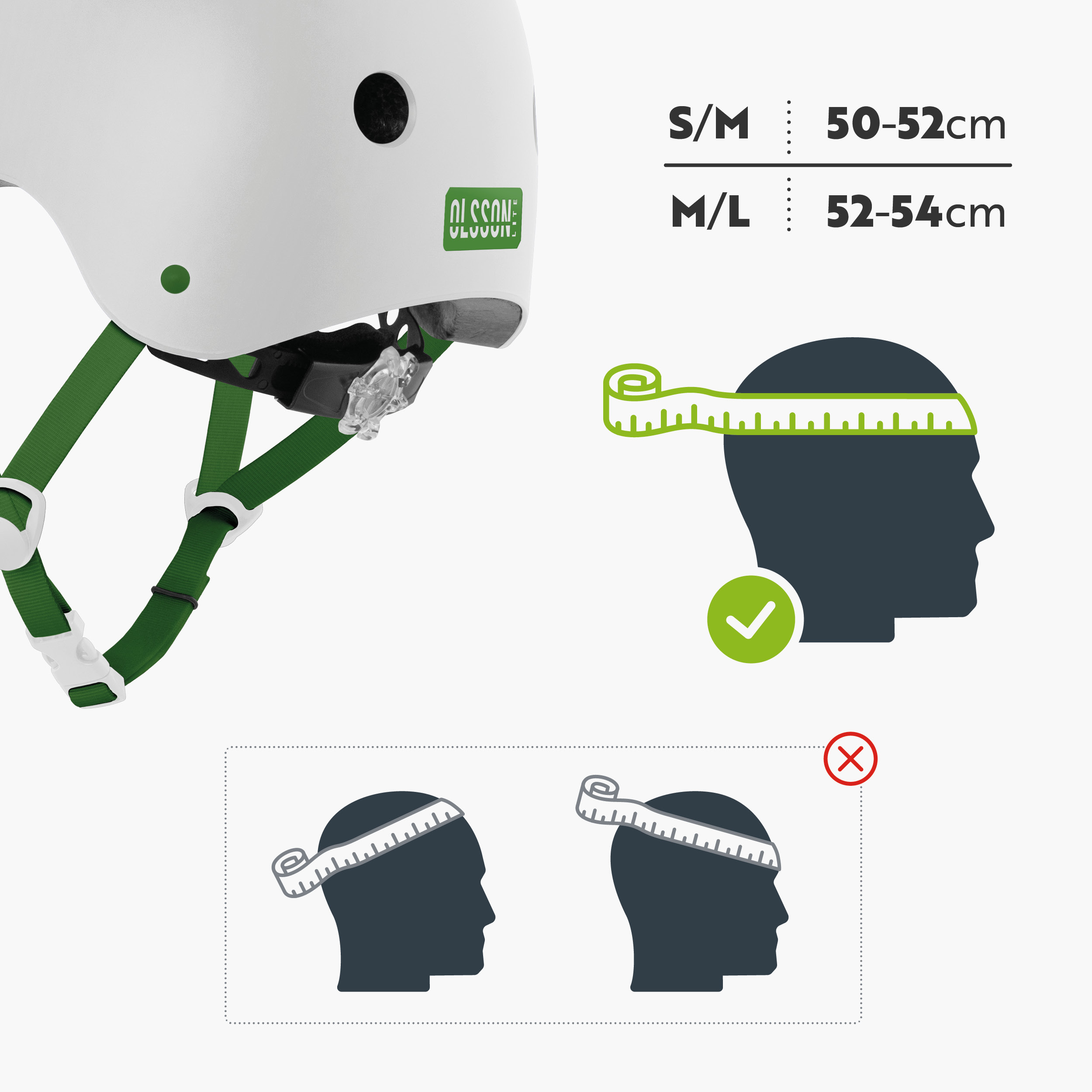 Casco con guía de tallas: S/M 50-52cm, M/L 52-54cm, con ilustración de medición.