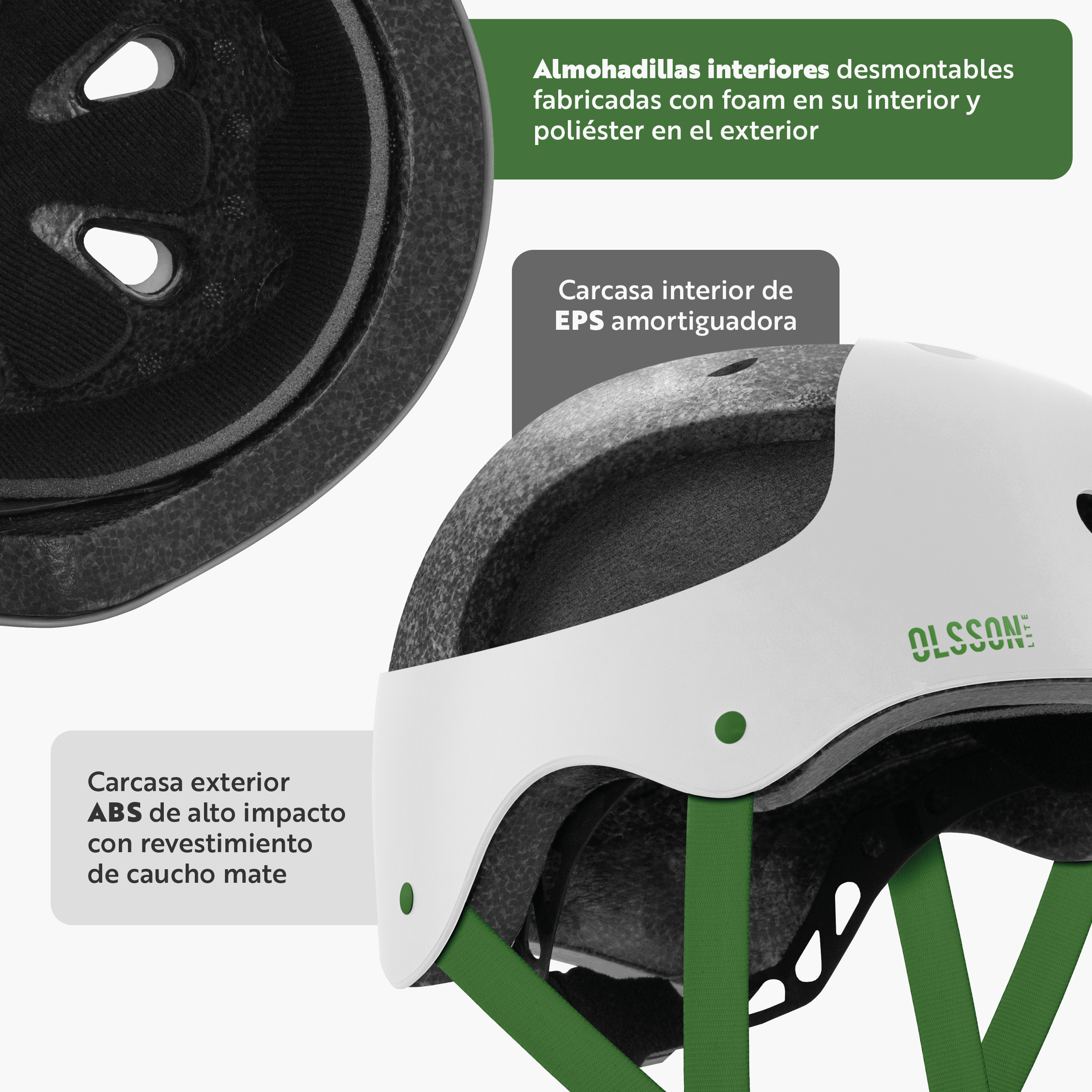 Primer plano de un casco blanco y negro con correas verdes y etiquetas de texto.