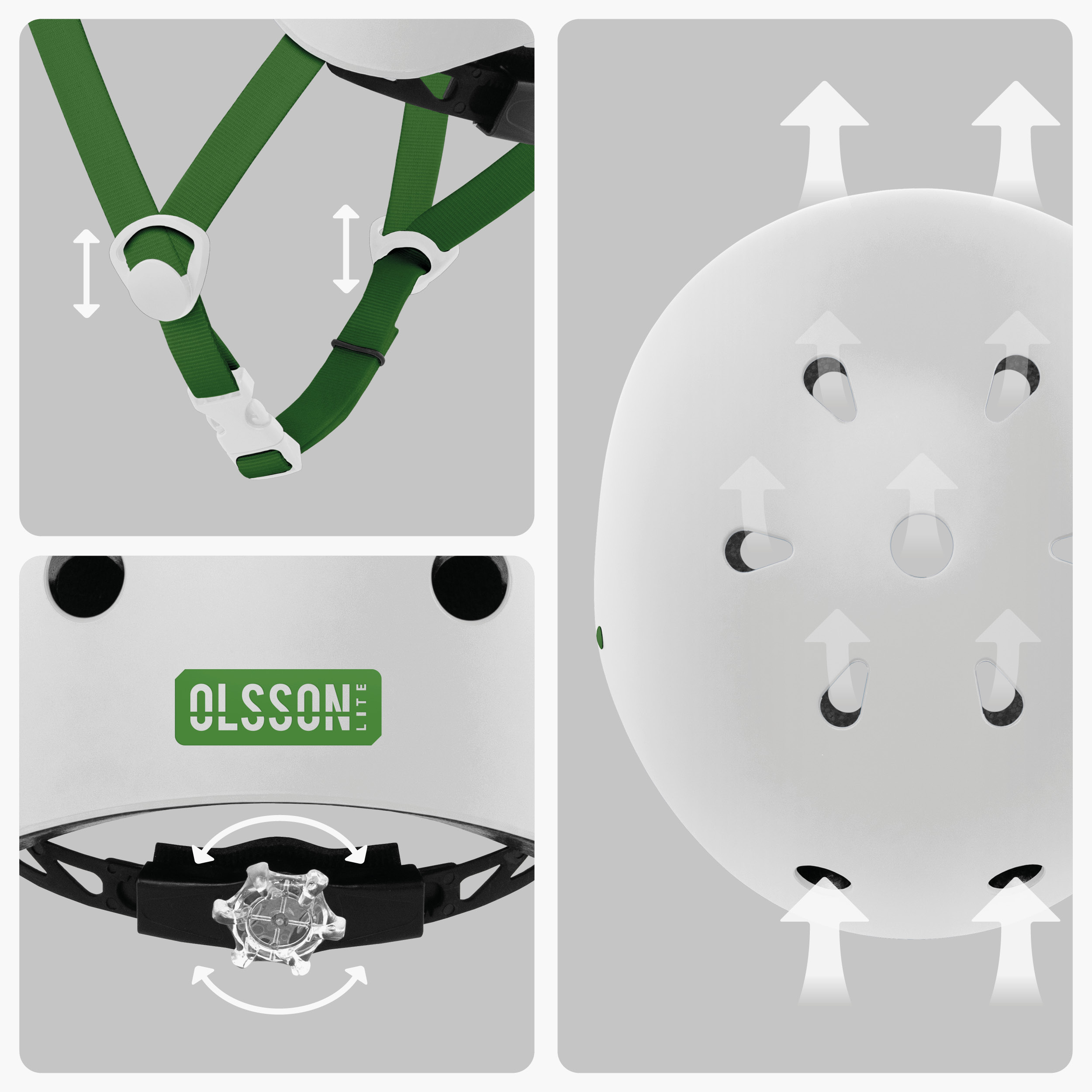 Casco blanco con correas verdes. Detalles de ajustes y ventilación. Logotipo Olsson visible.