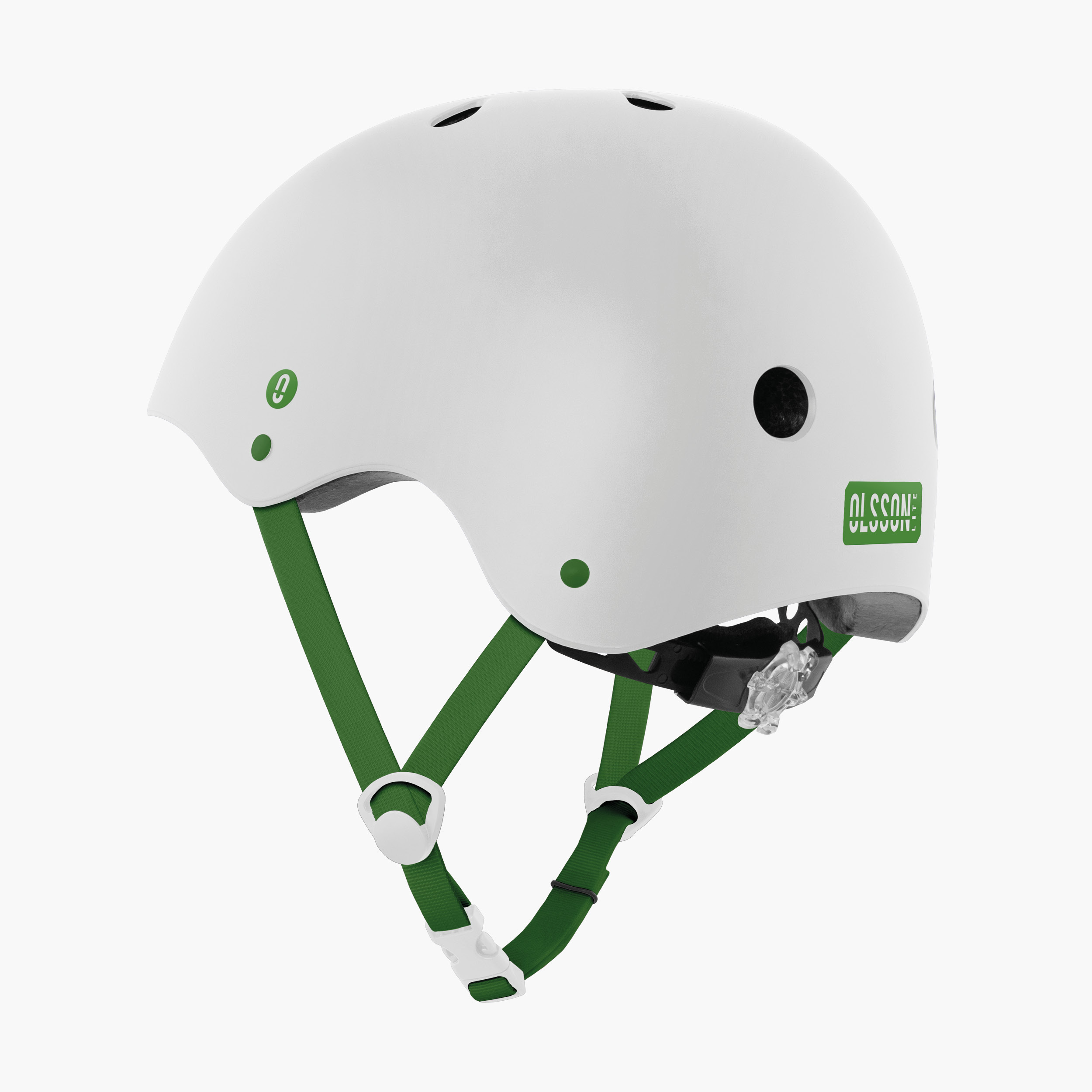 Casco blanco con correas verdes y logo Olsson. Tiene ventilación y una rueda trasera.