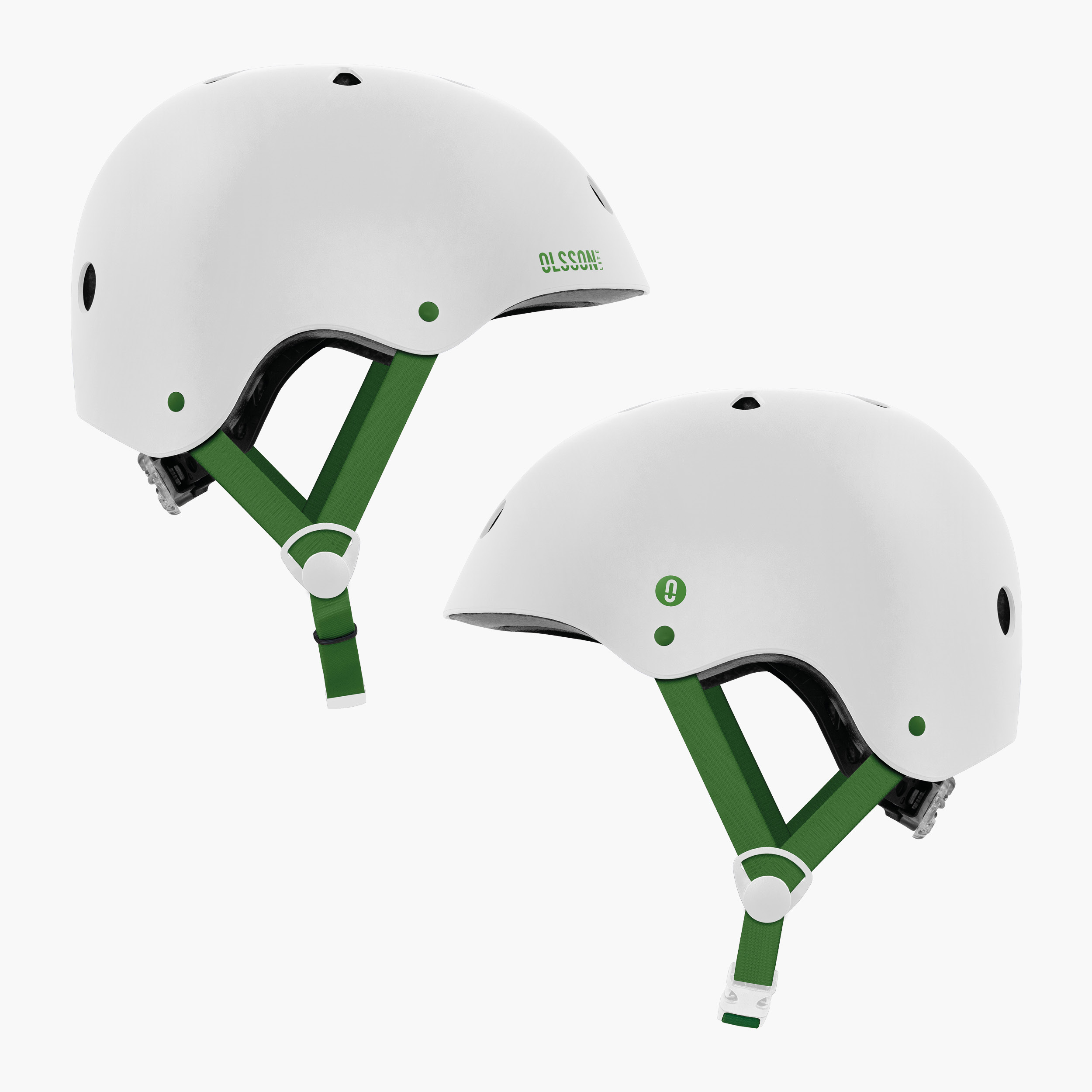 Dos cascos blancos con correas verdes.