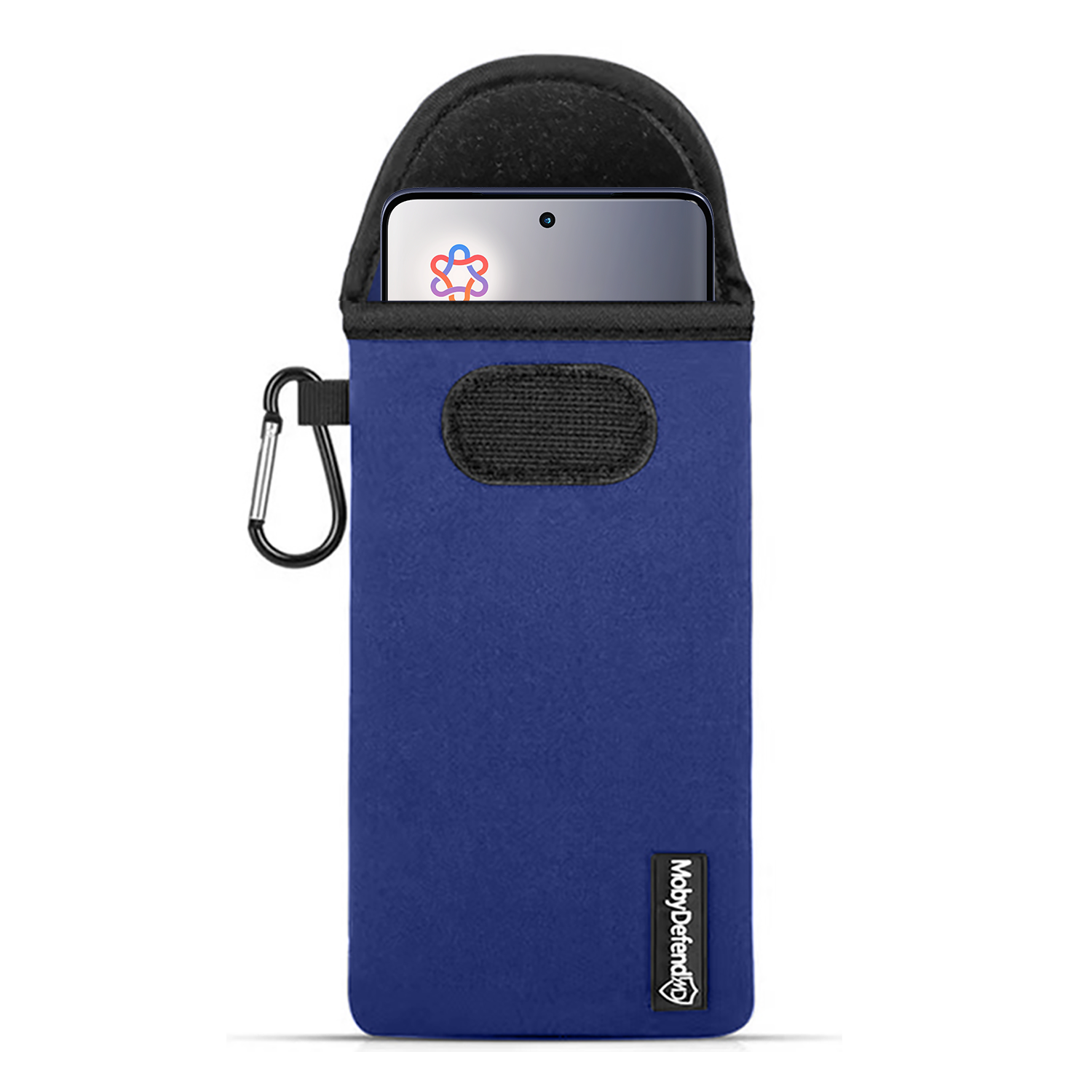 Blauwe telefoonhoes met een telefoon erin en een zilveren karabijnhaak.
