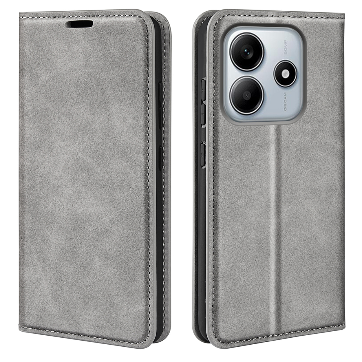 Étui de téléphone en cuir gris, fermé et ouvert. Téléphone avec deux caméras et un flash.
