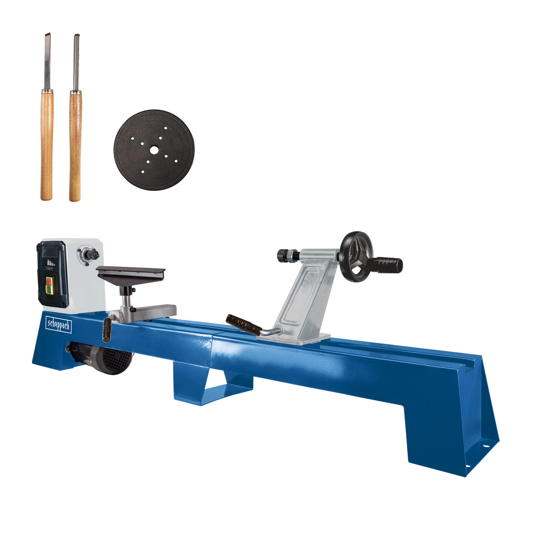 Macchina per la lavorazione del legno blu e bianca con accessori. Due scalpelli e un disco.