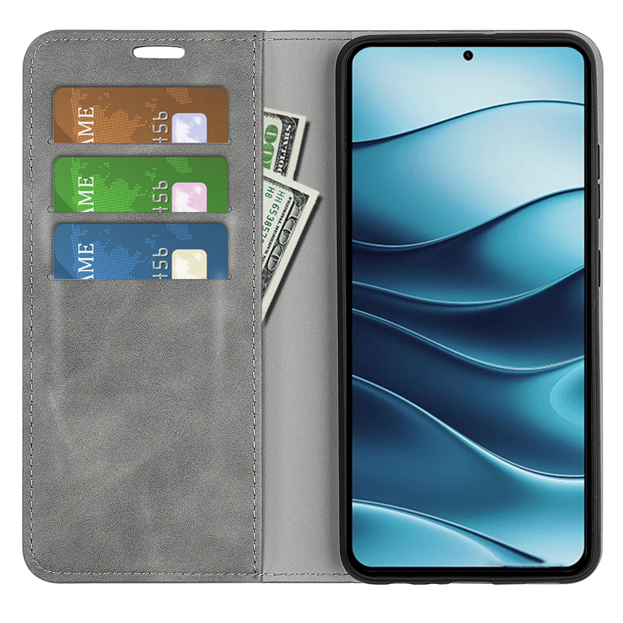 Étui de téléphone en cuir gris ouvert, montrant cartes de crédit, argent et téléphone bleu.